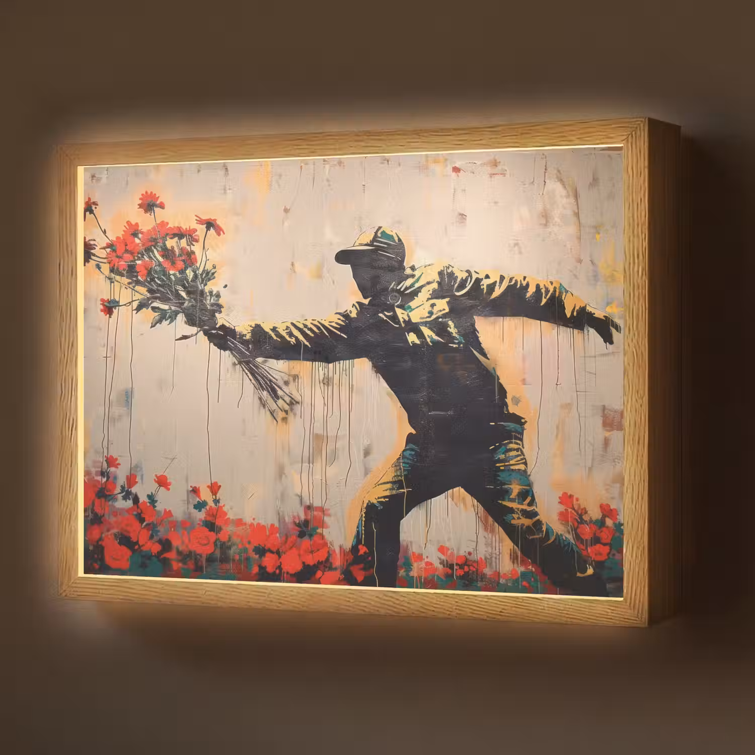 Street art - Man - Bloemen - Graffiti - Banksy Style Light Box met batterij (Wandlamp) middel -z3d_website