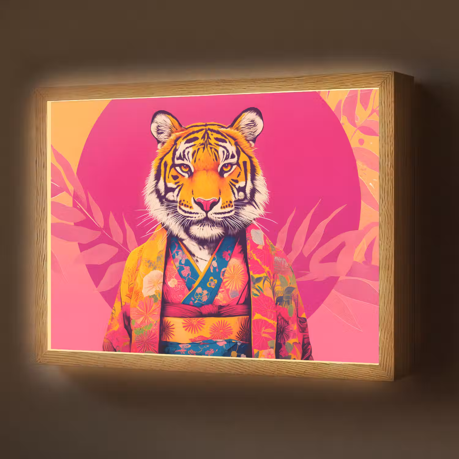 Tijger - Kimono - Planten - Roze Light Box met batterij (Wandlamp) middel -z3d_website
