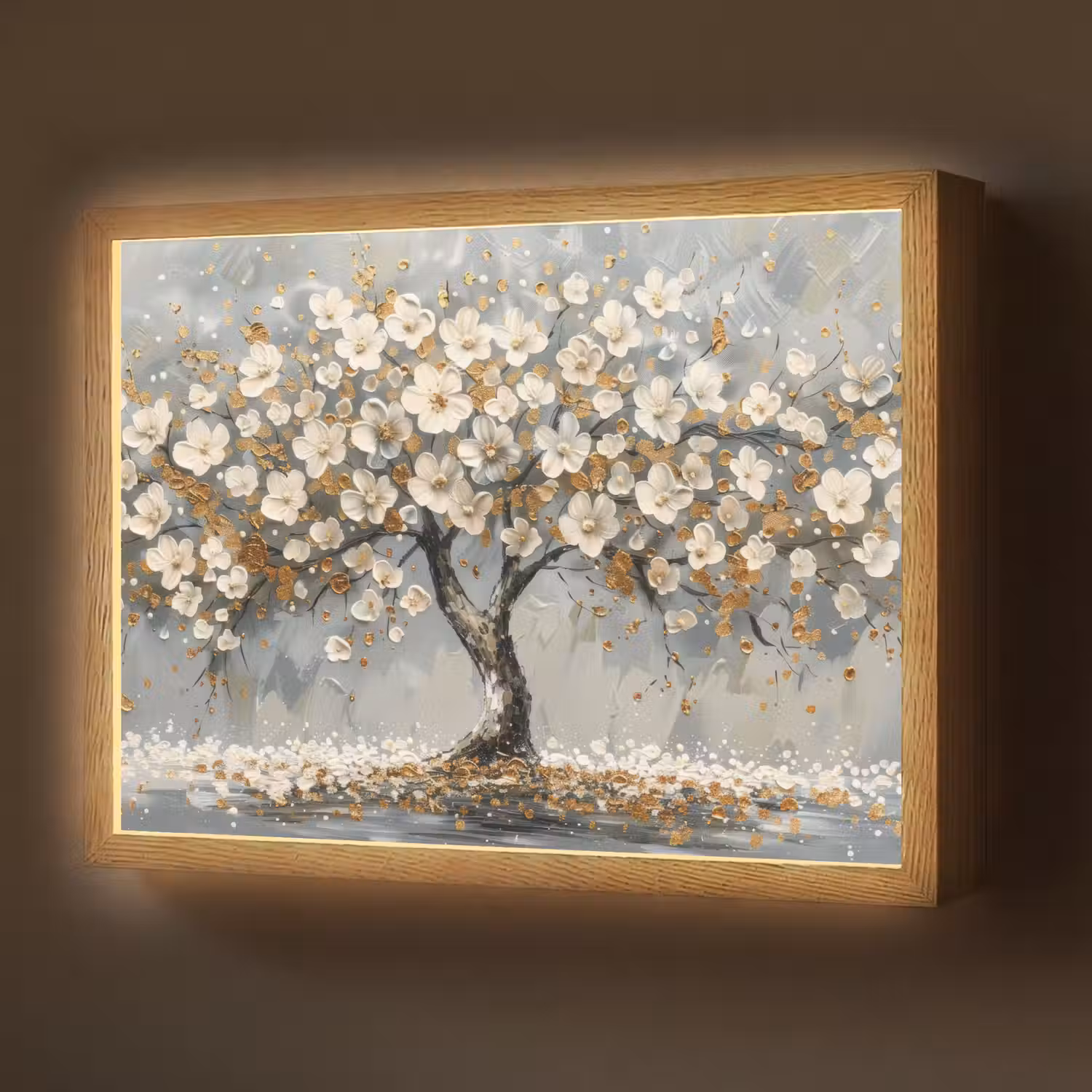 Boom - Goud - Bloemen - Abstract - Kunst Light Box met batterij (Wandlamp) middel -z3d_website