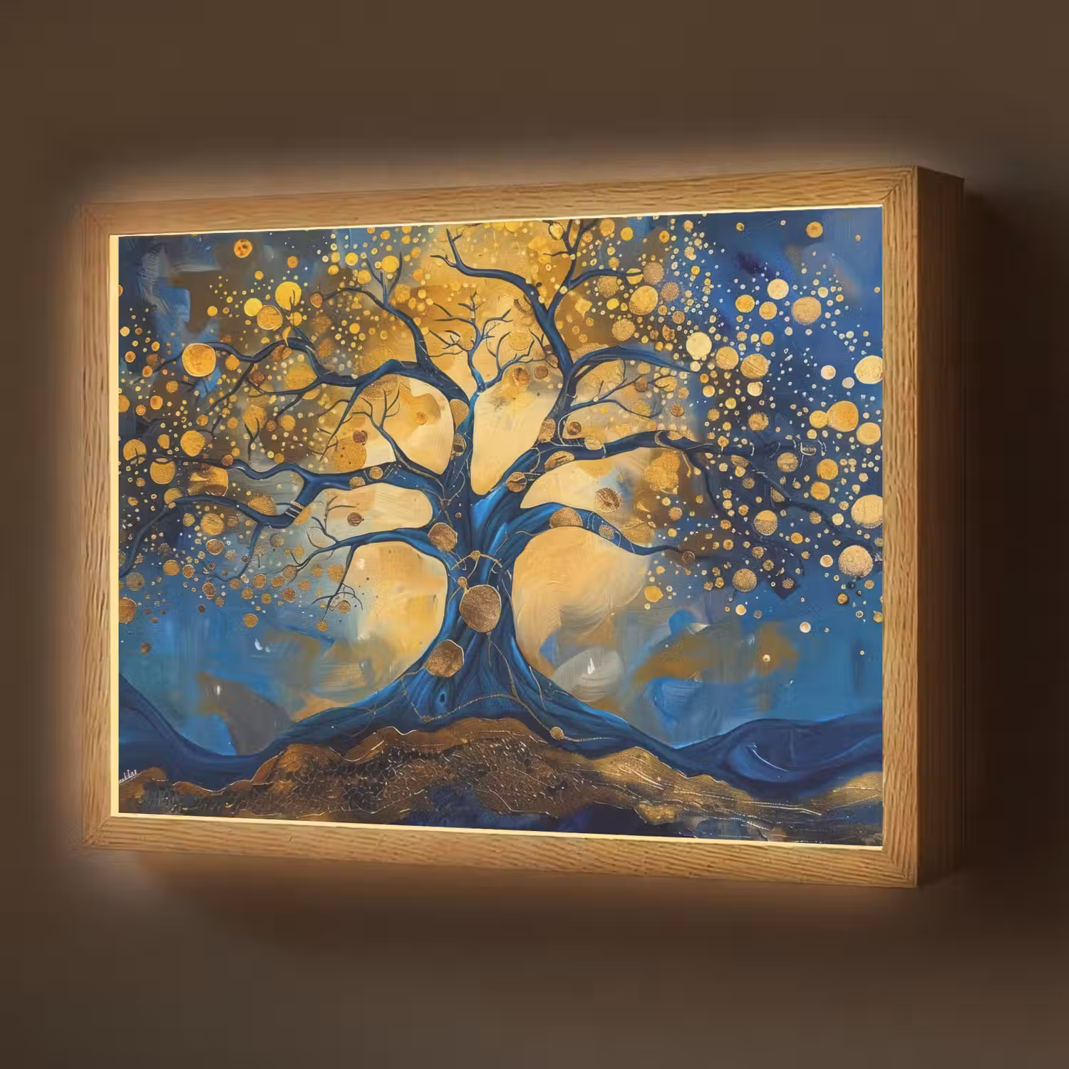 Boom - Levensboom - Blauw - Goud Light Box met batterij (Wandlamp) middel -z3d_website