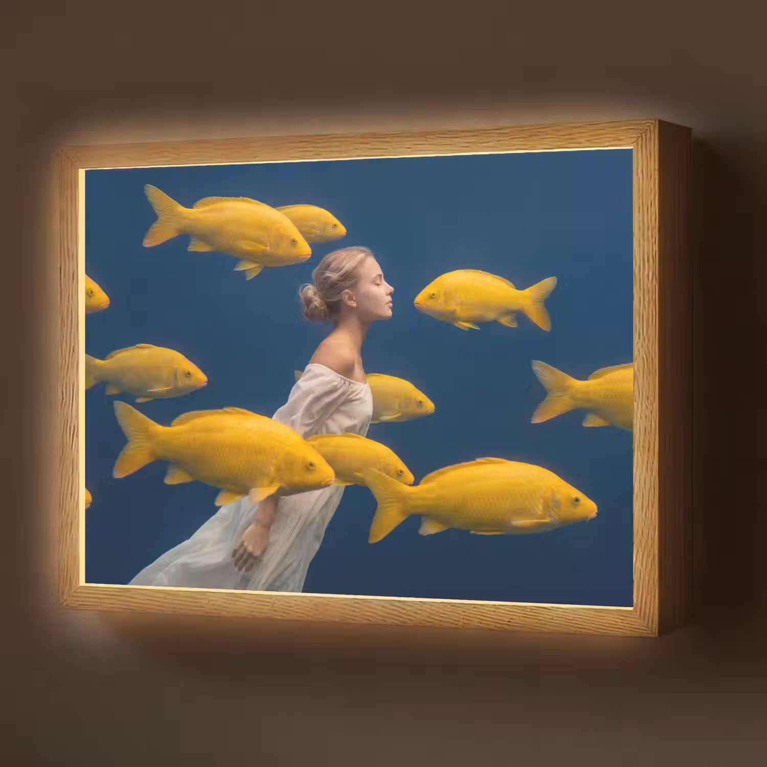 Vrouw - Vis - Water - Natuur - Geel Light Box met batterij (Wandlamp) middel -z3d_website