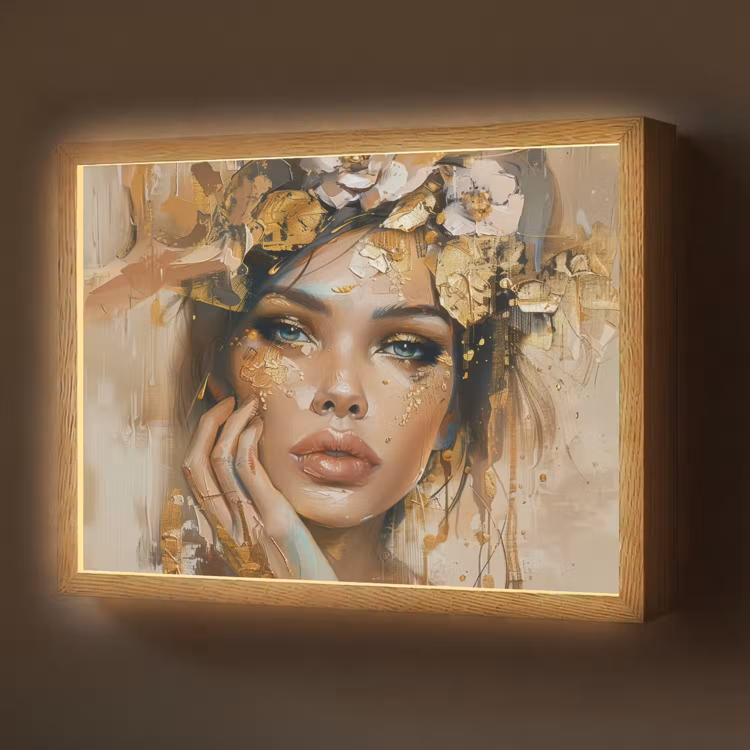 Vrouw - Bloemen - Goud - Portret Light Box met batterij (Wandlamp) middel -z3d_website