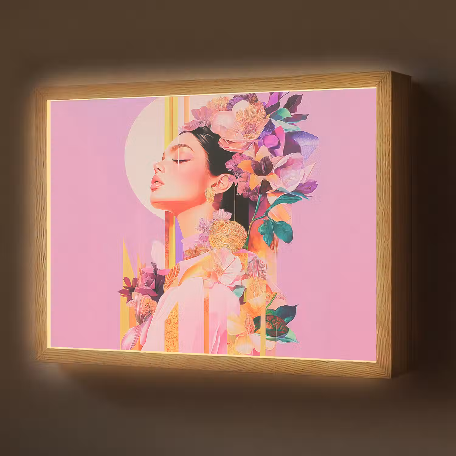 Vrouw - Bloemen - Paars - Abstract Light Box met batterij (Wandlamp) middel -z3d_website