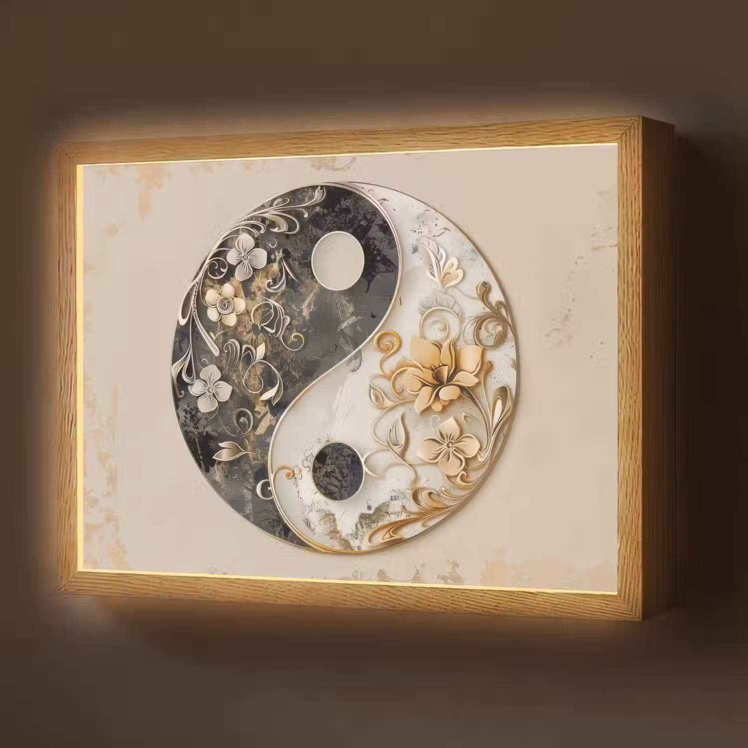 Yin Yang - Bloemen - Zwart - Wit - Vintage Light Box met batterij (Wandlamp) middel -z3d_website