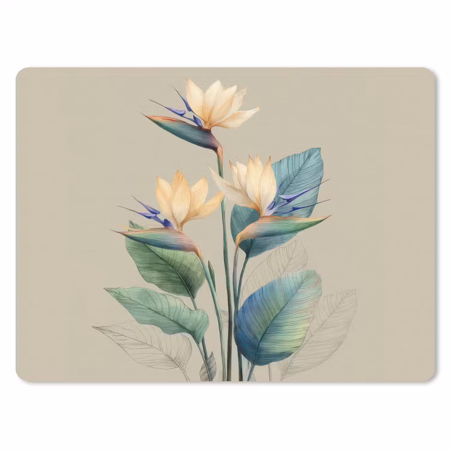Paradijsvogelbloemen - Blauwgroene bladeren - Beige muismat rubber klein -3d