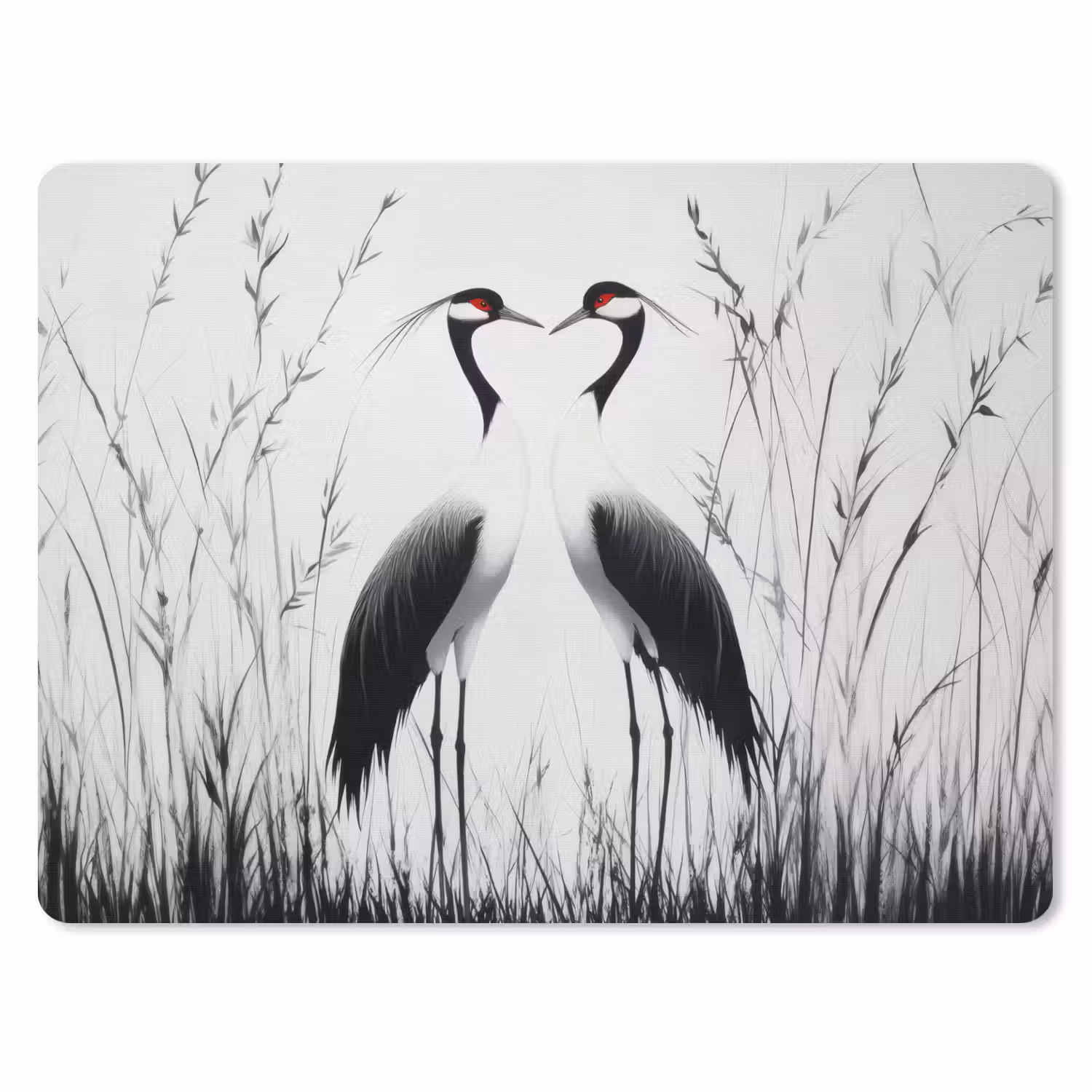 Kraanvogels - Gras - Hartvorm - Zwart muismat rubber klein -3d