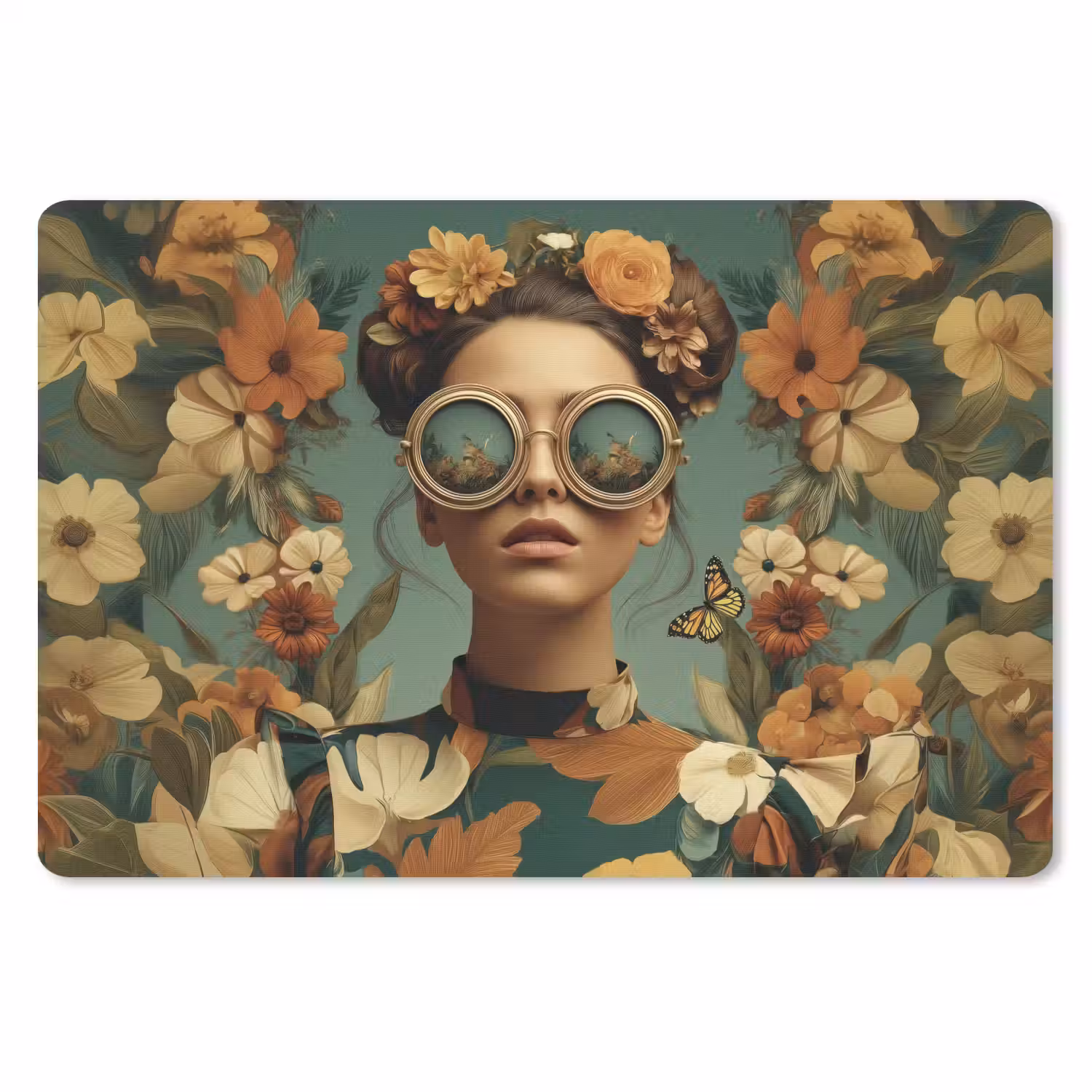 Bloemenkrans - Vrouwengezicht - Zonnebril - Oranje muismat rubber klein -3d