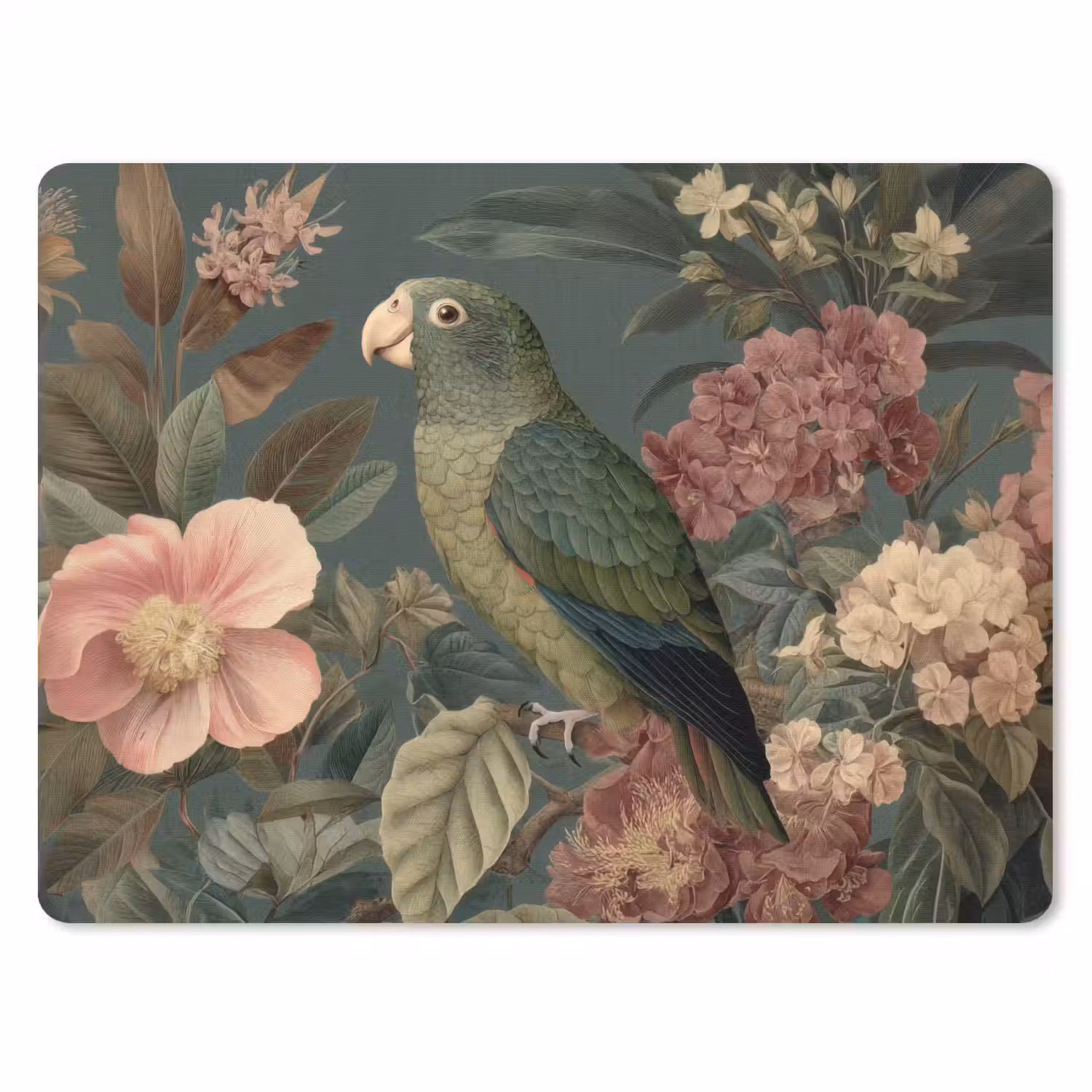 Groene papegaai - Kleurrijke bloemen - Donkere achtergrond muismat rubber klein -3d