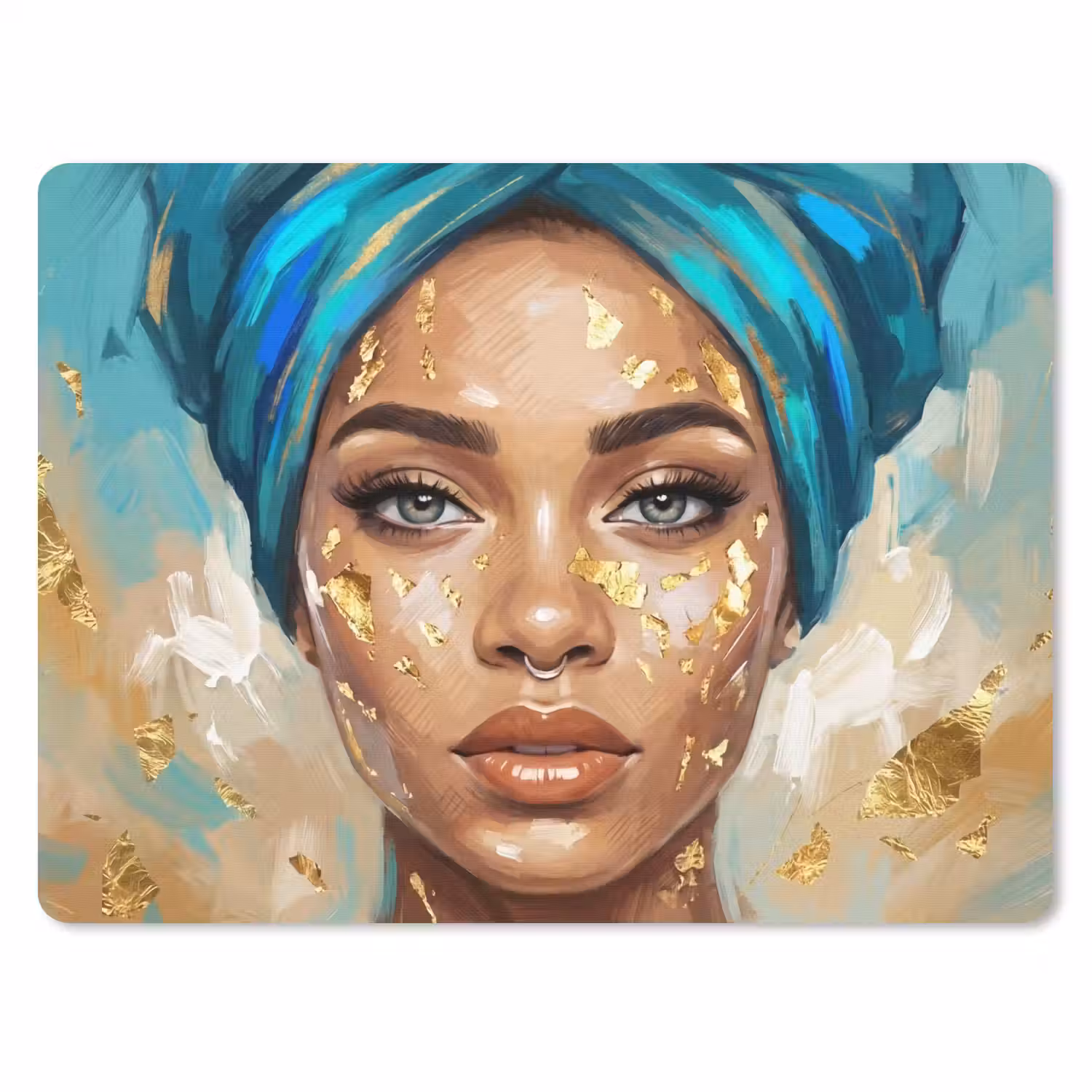 Portret - Vrouw - Schilderij - Blauw - Goud - Expressief muismat rubber klein -3d
