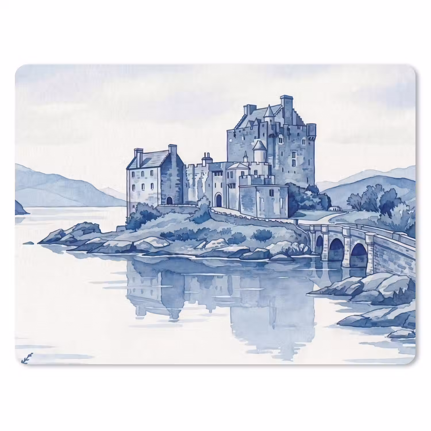Schots - Kasteel - Blauw - Aquarel muismat rubber klein -3d