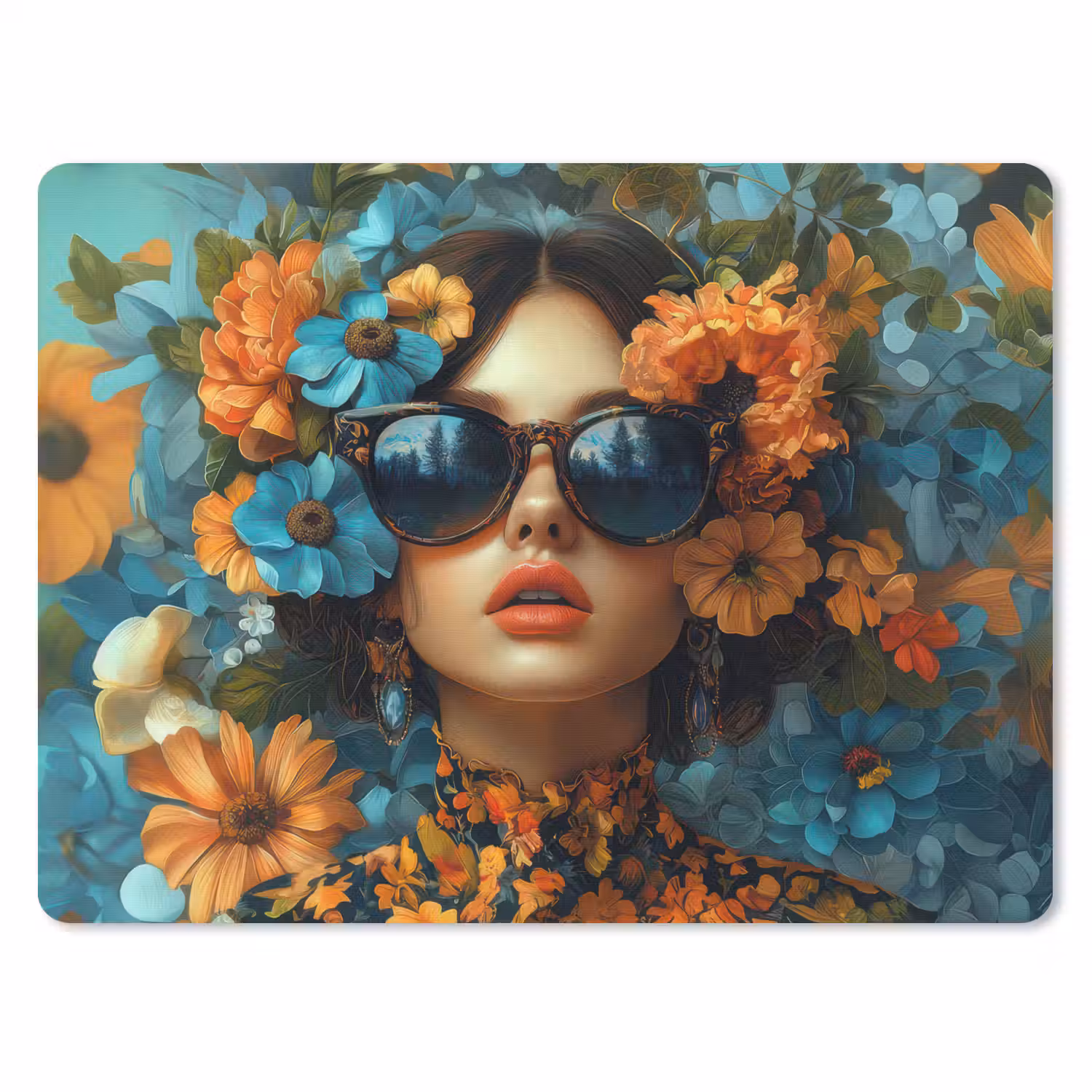 Vrouw - Bloemen - Oranje - Blauw - Modern muismat rubber klein -3d