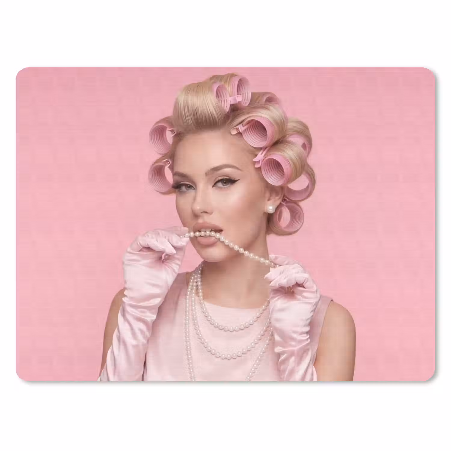 Vrouw - Roze - Parelketting - Krulspelden muismat rubber klein -3d