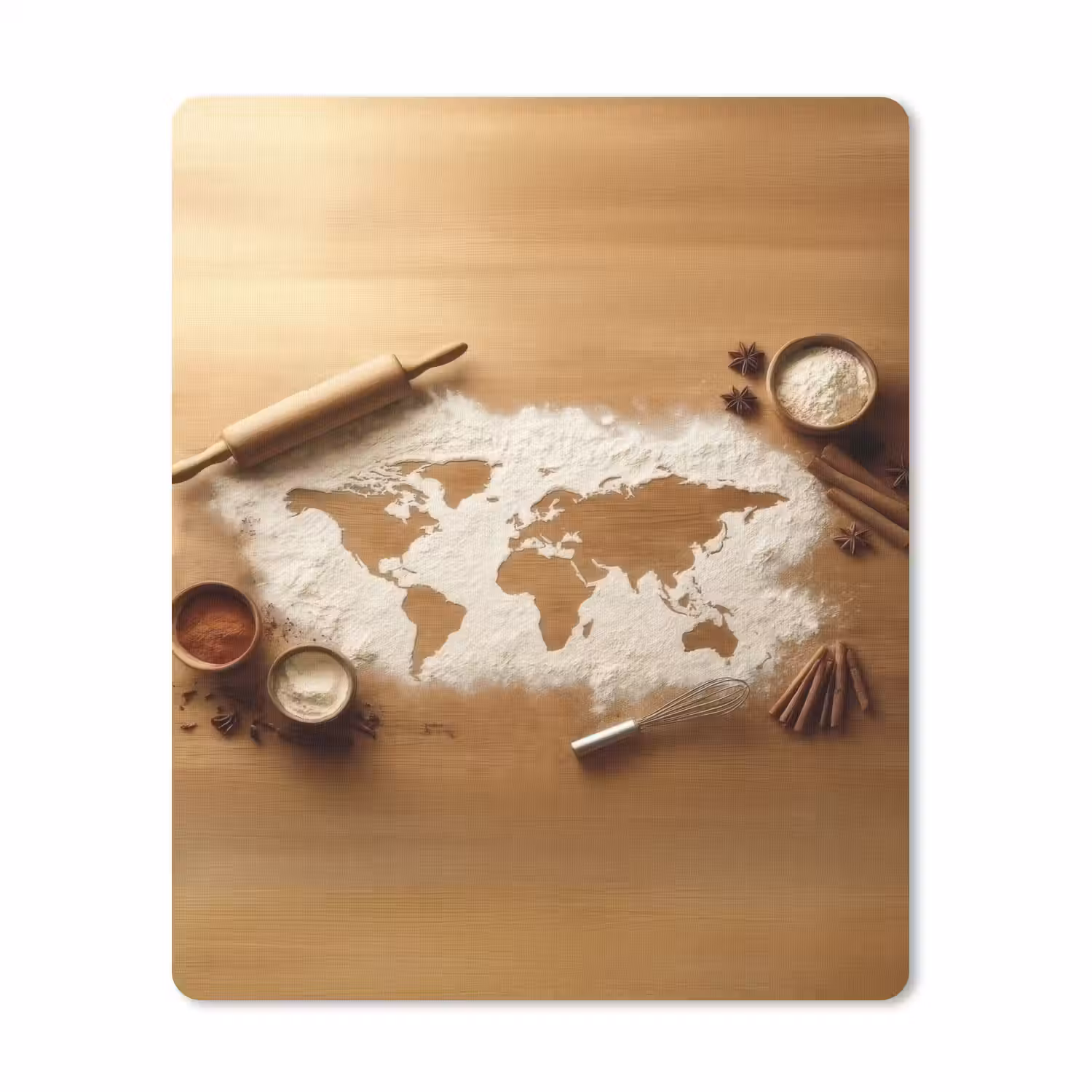 Hout - Wereldkaart - Bakken - Keuken muismat rubber klein -3d