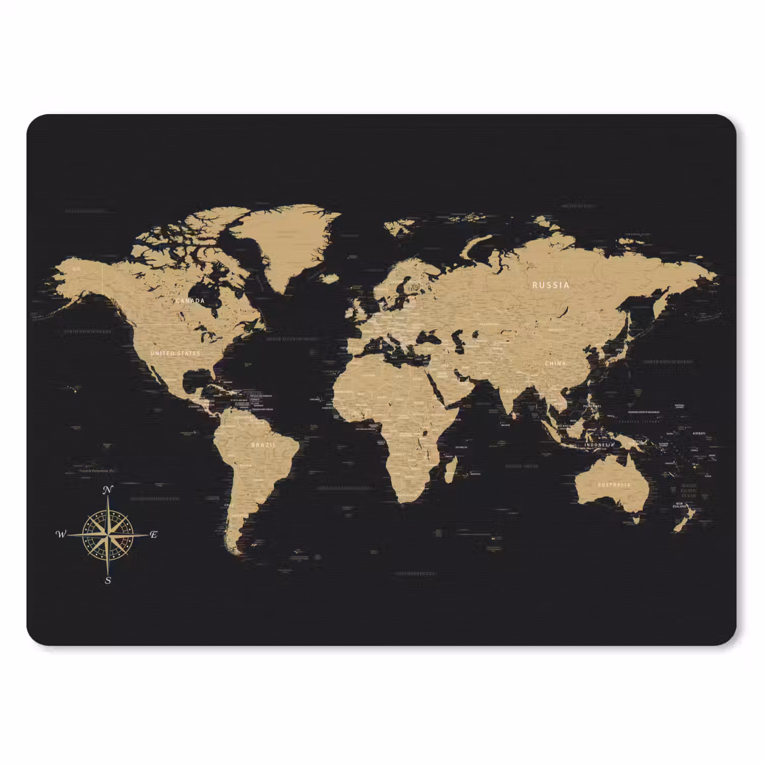 Wereldkaart - Beige - Zwart muismat rubber klein -3d