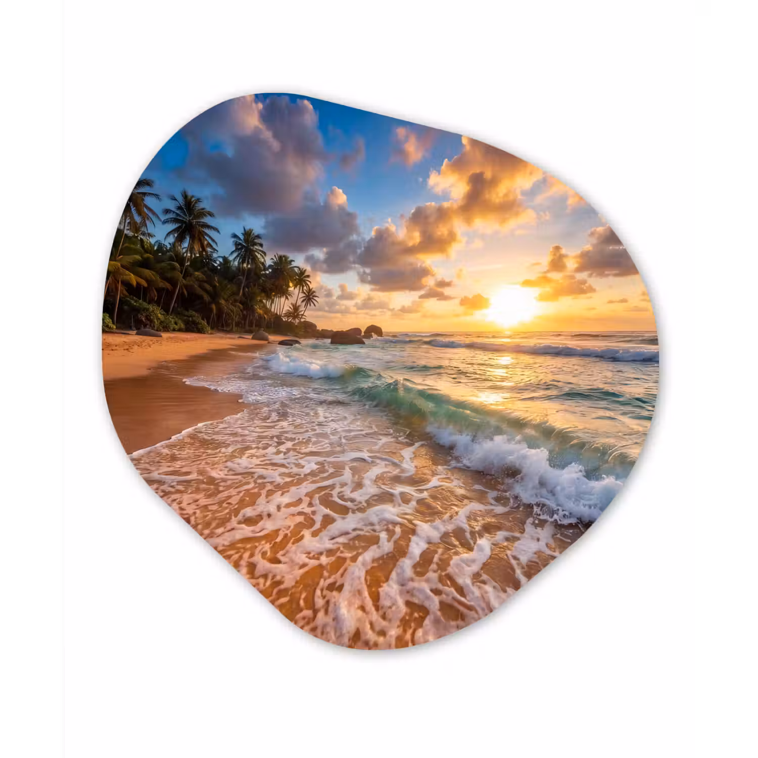 Strand - Zonsondergang - Golven - Natuur - Goud Wandcirkel Organisch Forex 3mm klein -3d