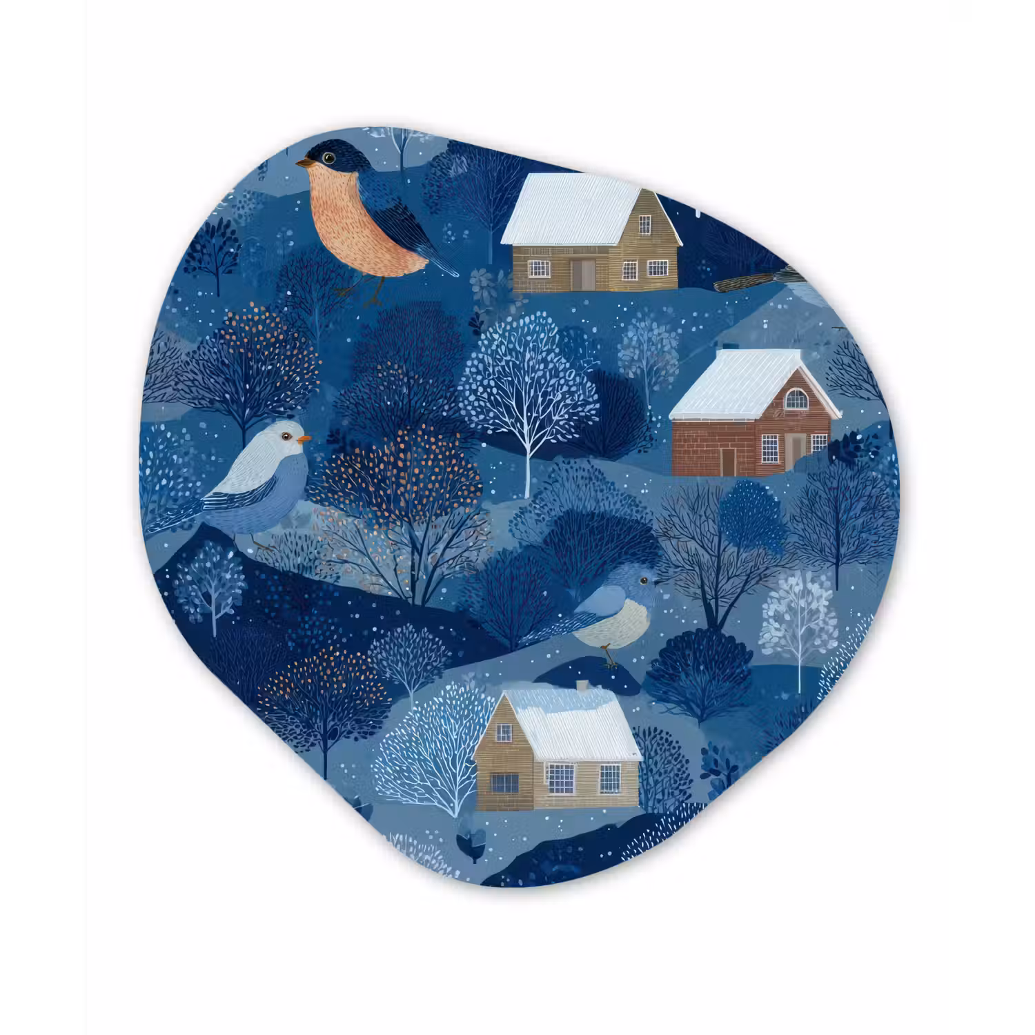 Huisjes - Vogels - Sneeuw - Winter - Blauw Wandcirkel Organisch Forex 3mm klein 629 -3d