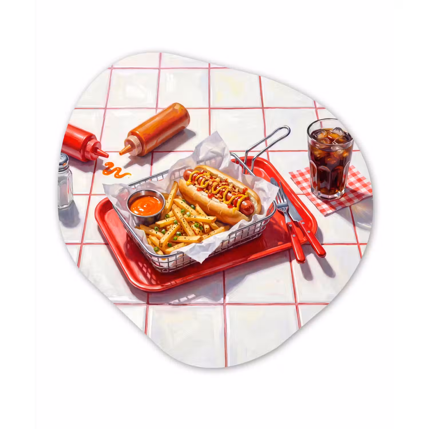 Eten - Hotdog - Fastfood - Modern - Rood Wandcirkel Organisch Forex 3mm klein -3d
