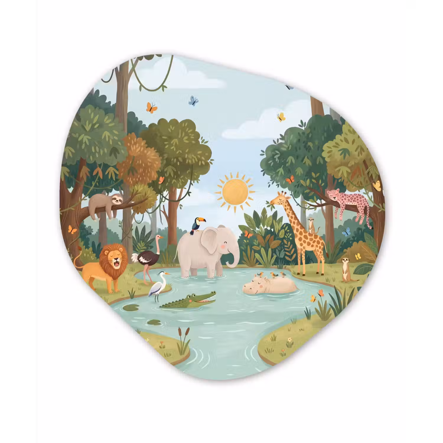 Jungle - Oase - Dieren - Kleurrijk Wandcirkel Organisch Forex 3mm klein -3d