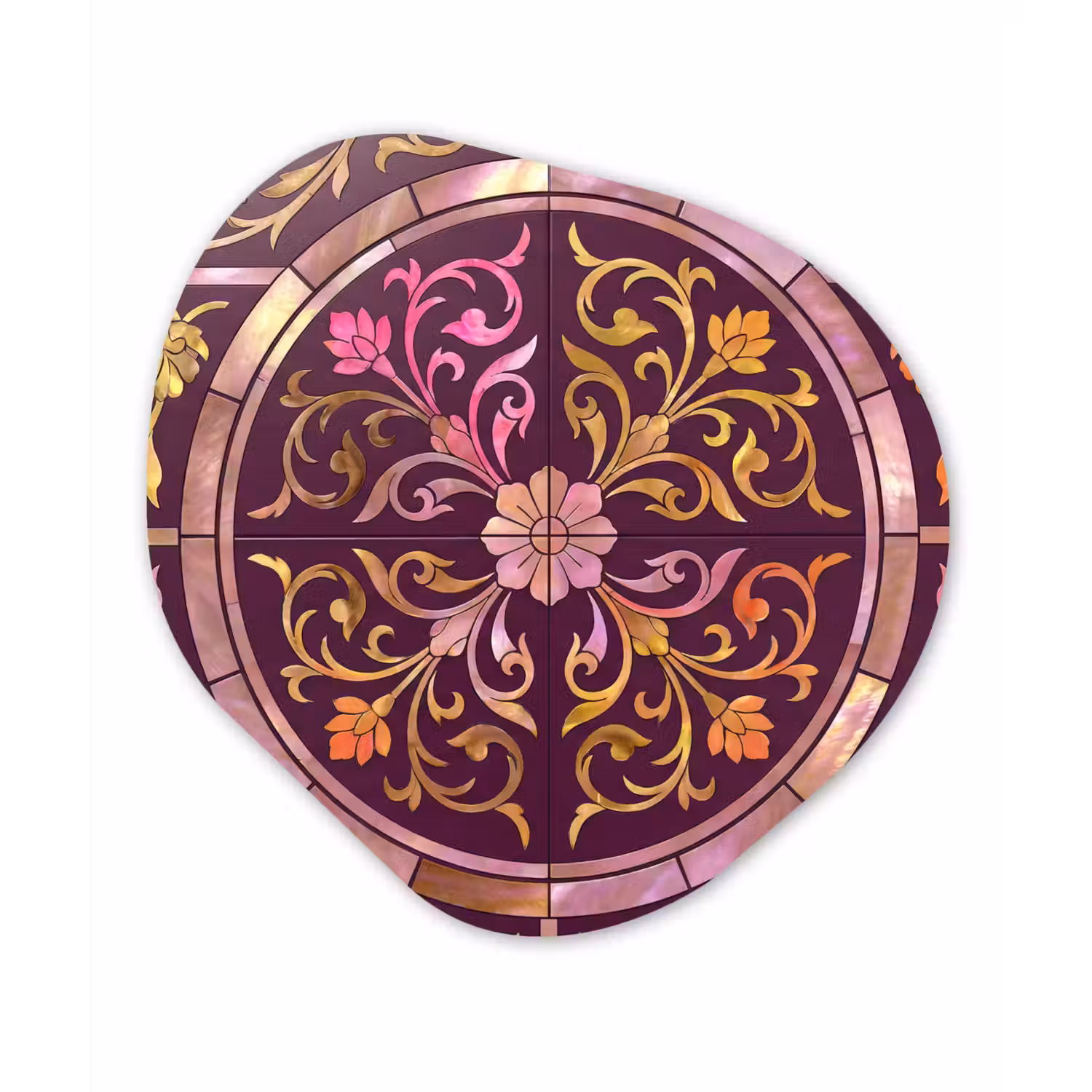 Patroon - Floraal - Oosters - Paars - Goud Wandcirkel Organisch Forex 3mm klein -3d