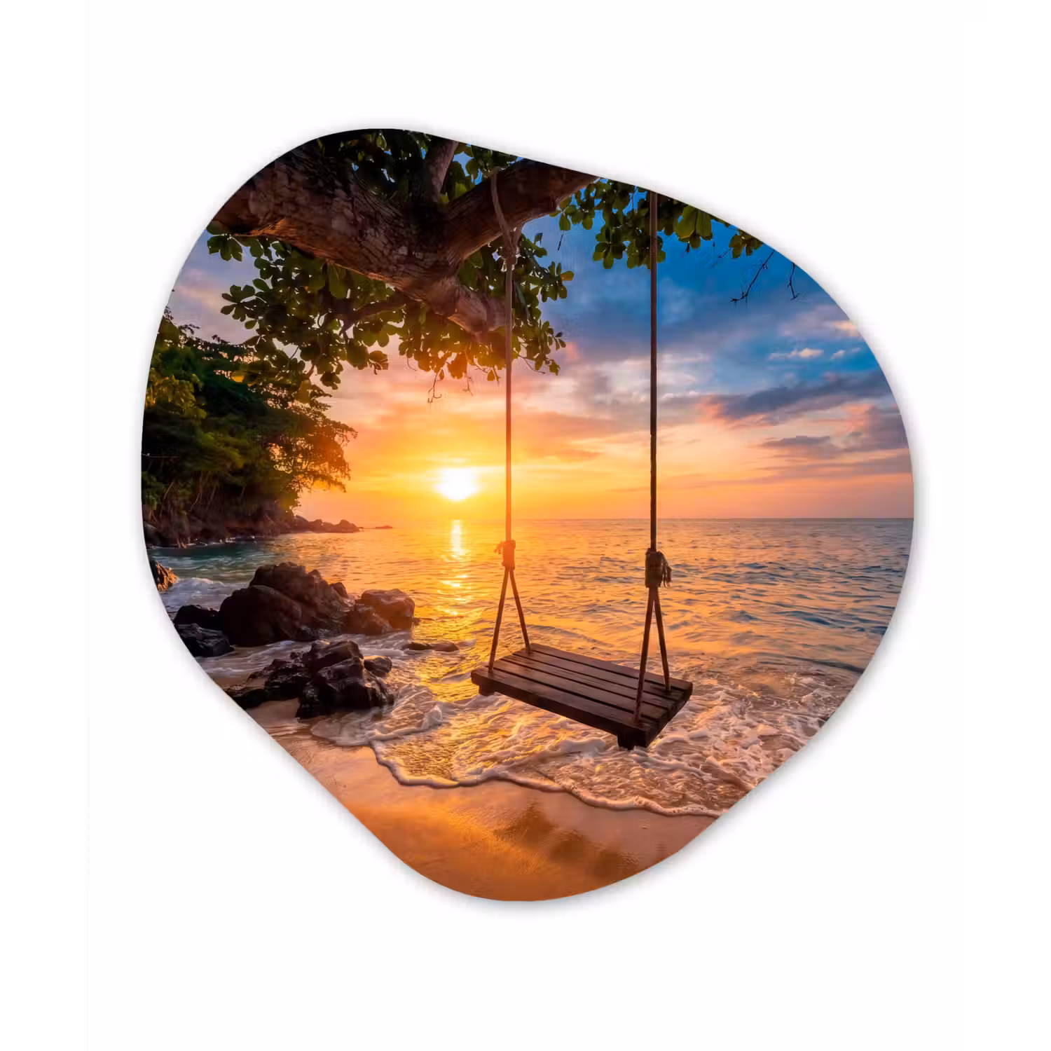 Schommel - Strand - Zonsondergang - Natuur - Oranje Wandcirkel Organisch Forex 3mm klein -3d