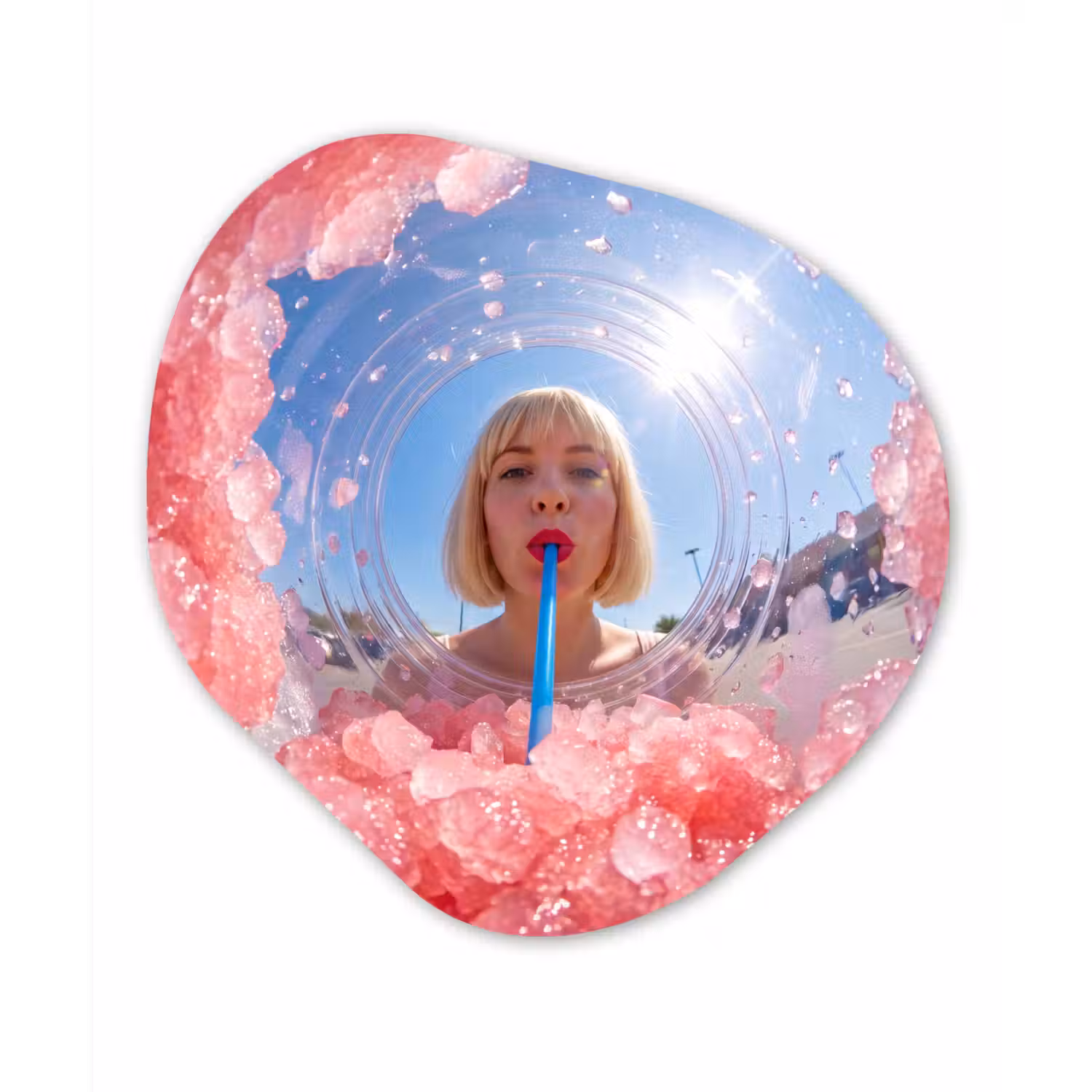 Vrouw - Drank - Zomer - Roze - Blauw Wandcirkel Organisch Forex 3mm klein -3d