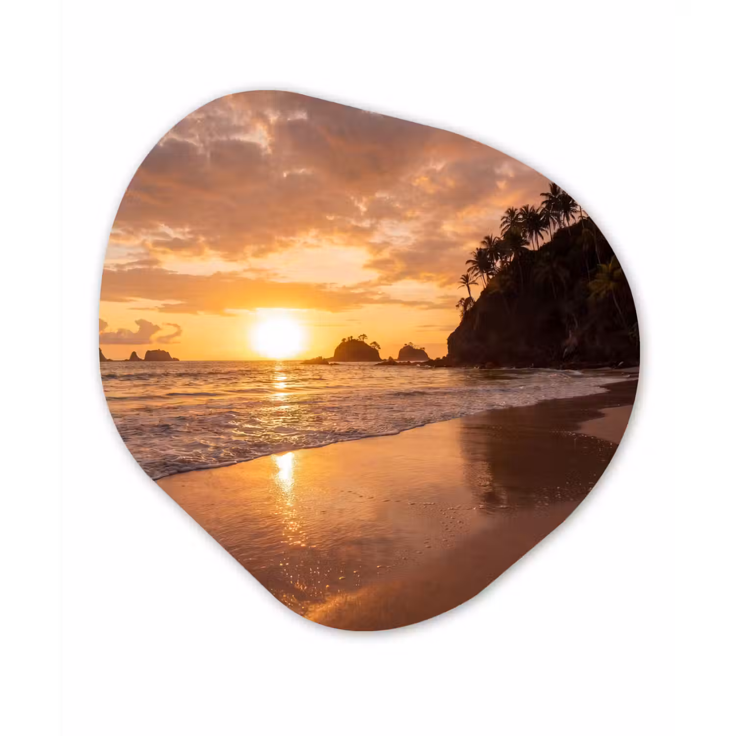 Strand - Zonsondergang - Natuur - Tropisch - Oranje Wandcirkel Organisch Aluminium middel -3d