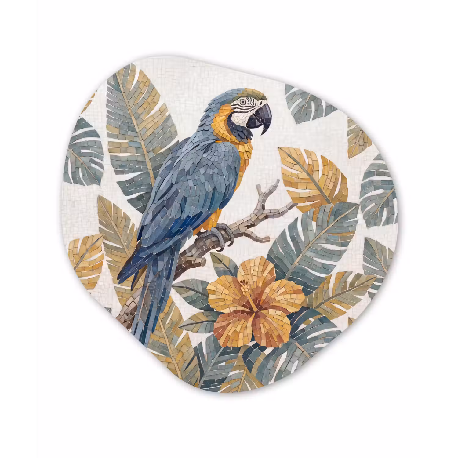 Vogel - Tak - Natuur - Mozaïek - Blauw Wandcirkel Organisch Aluminium middel -3d