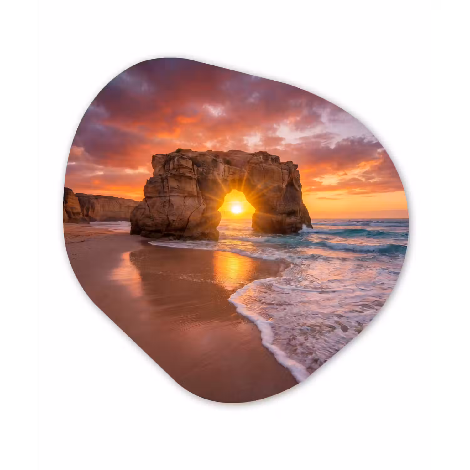 Kust - Rots - Zonsondergang - Zee - Natuur Wandcirkel Organisch Aluminium middel -3d