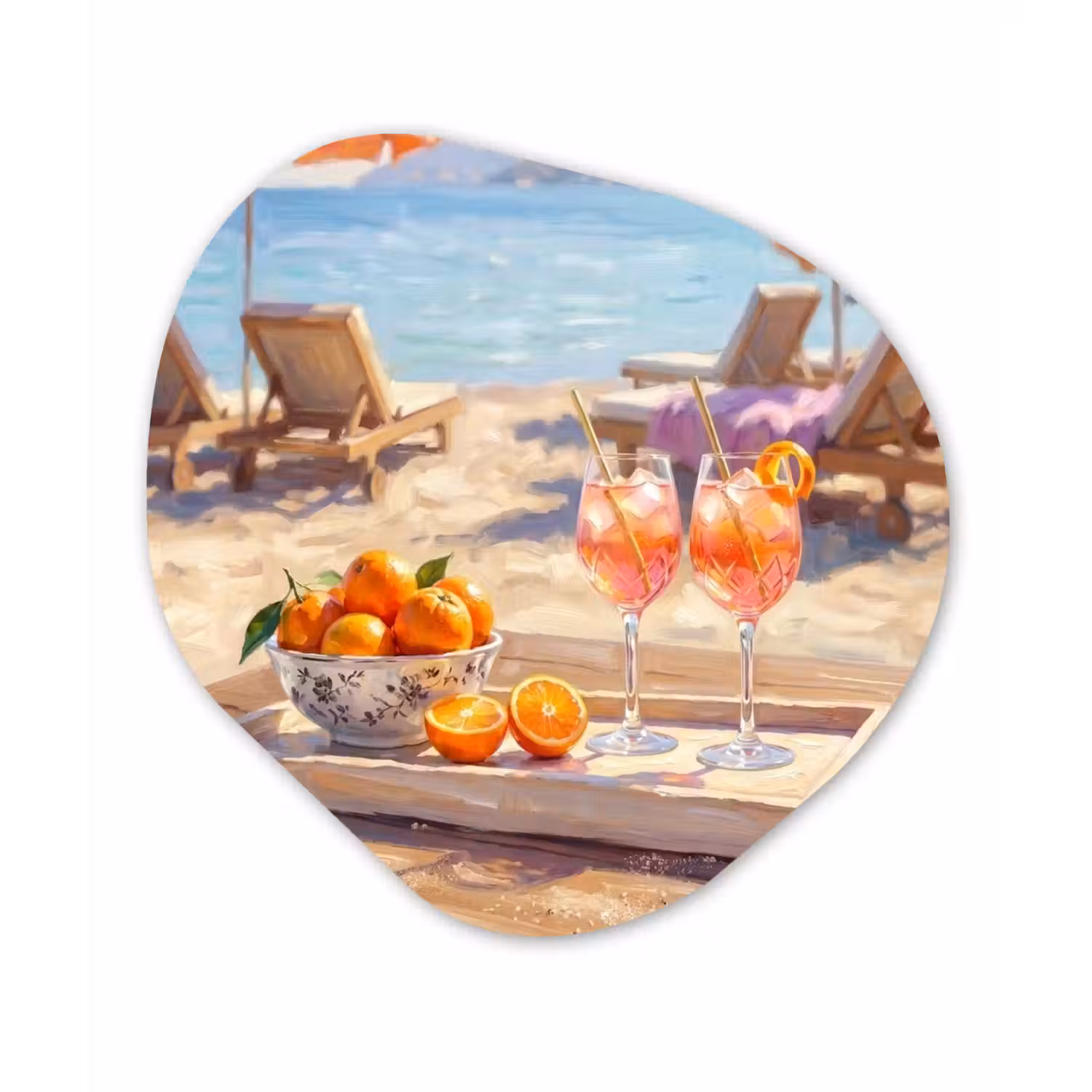 Drank - Glazen - Strand - Zomer - Oranje Wandcirkel Organisch Aluminium middel -3d