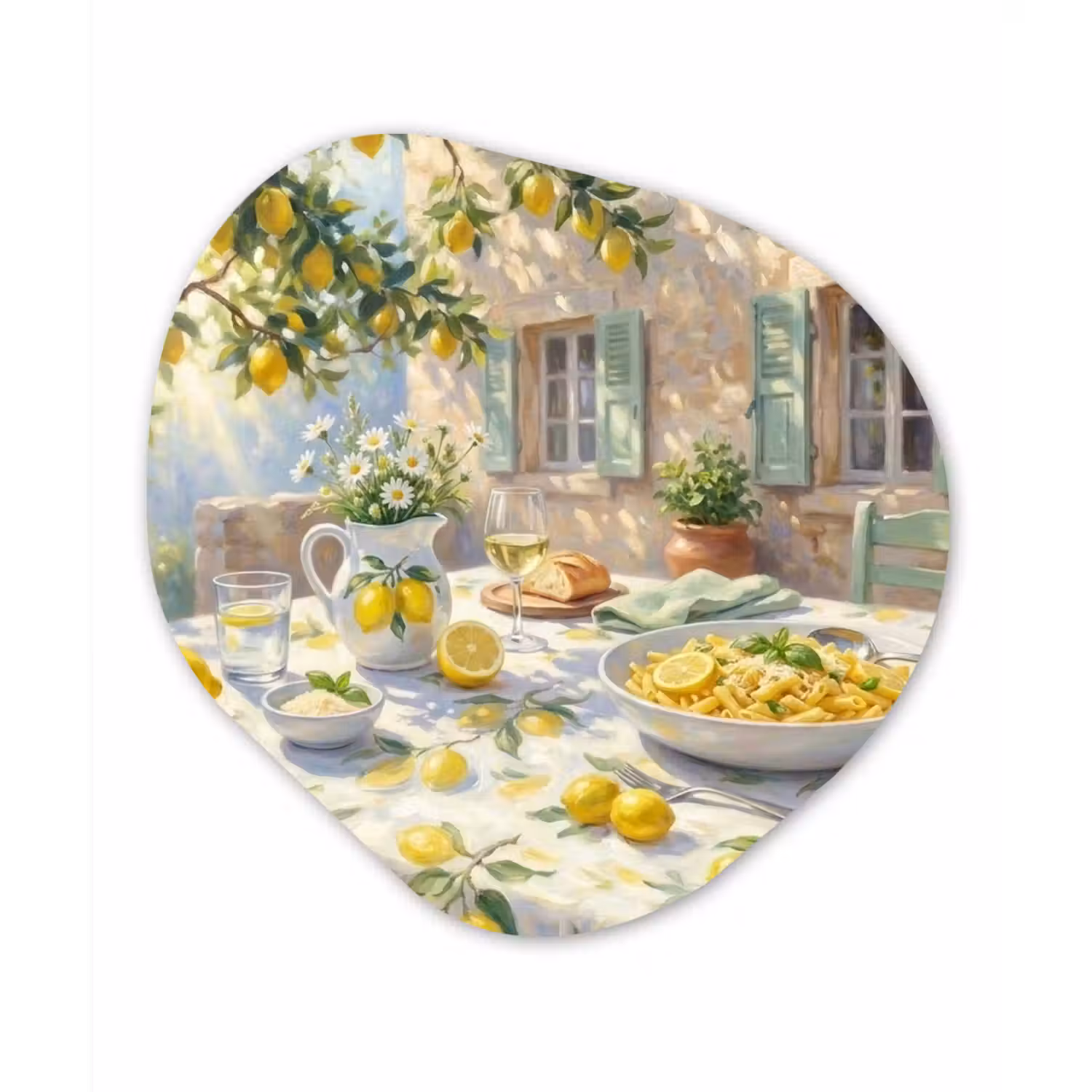 Eten - Terras - Zomer - Geschilderd - Geel Wandcirkel Organisch Aluminium middel -3d