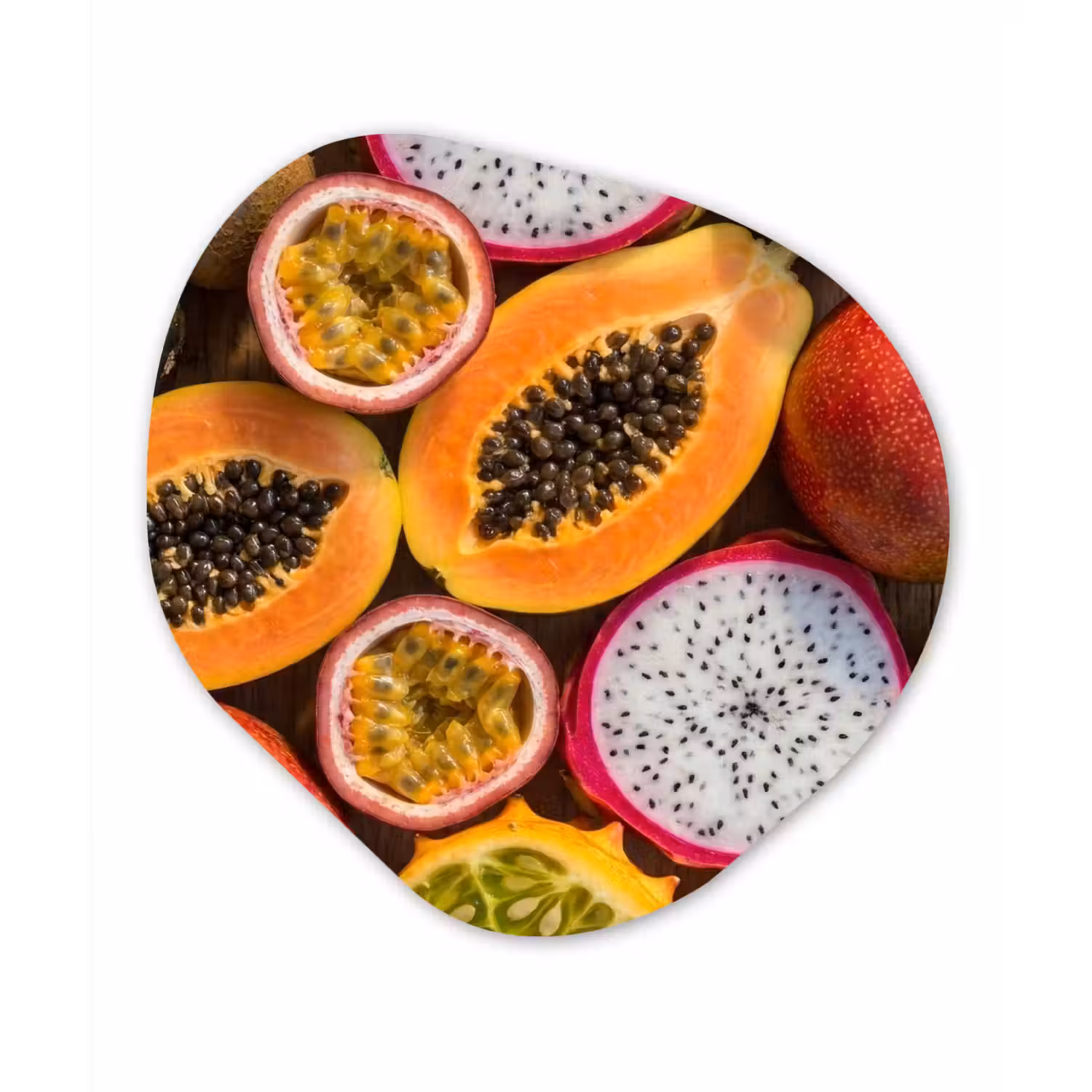 Fruit - Geopend - Tropisch - Eten - Kleurrijk Wandcirkel Organisch Aluminium middel -3d