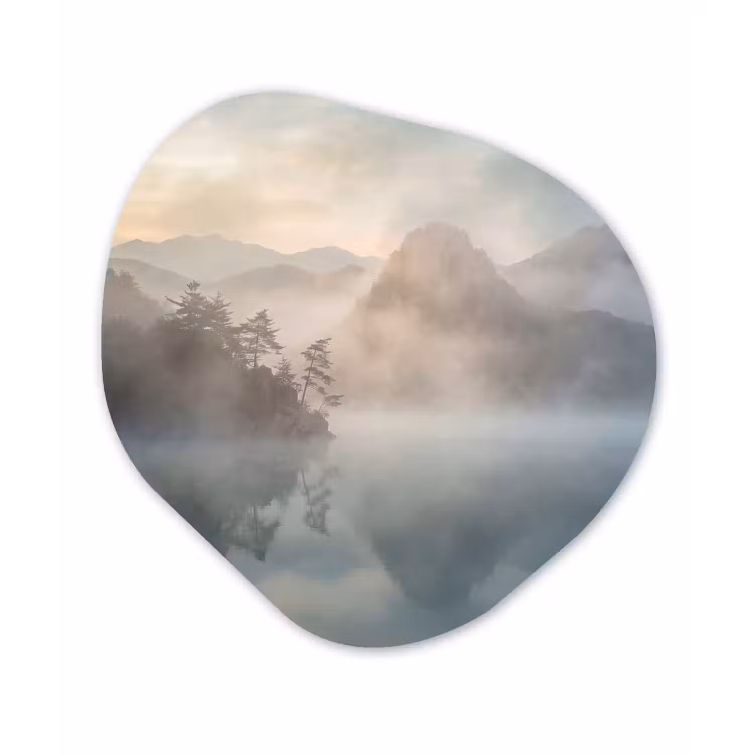 Landschap - Bergen - Mist - Water - Natuur Wandcirkel Organisch Aluminium middel -3d