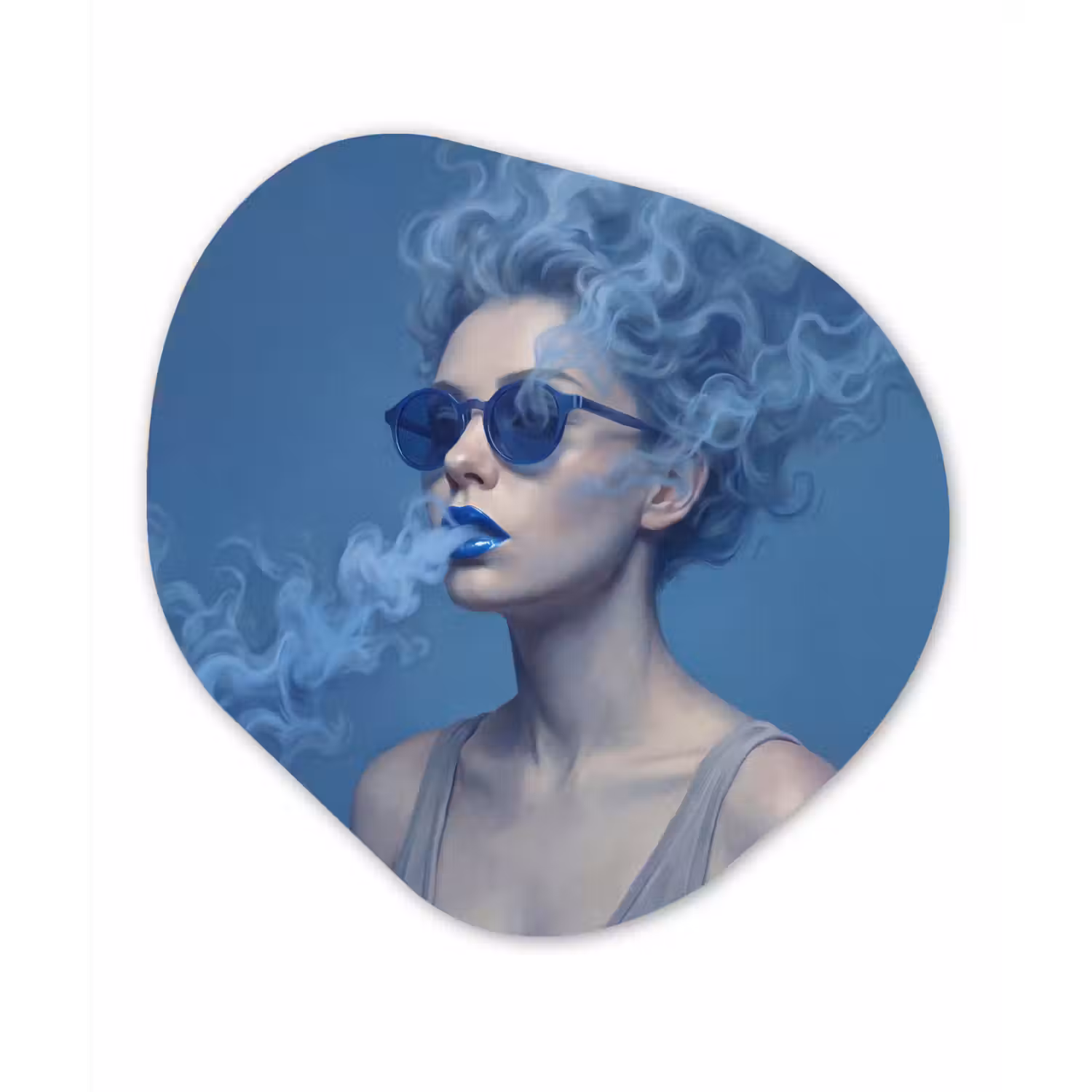 Portret - Zonnebril - Rook - Abstract - Blauw Wandcirkel Organisch Aluminium middel -3d