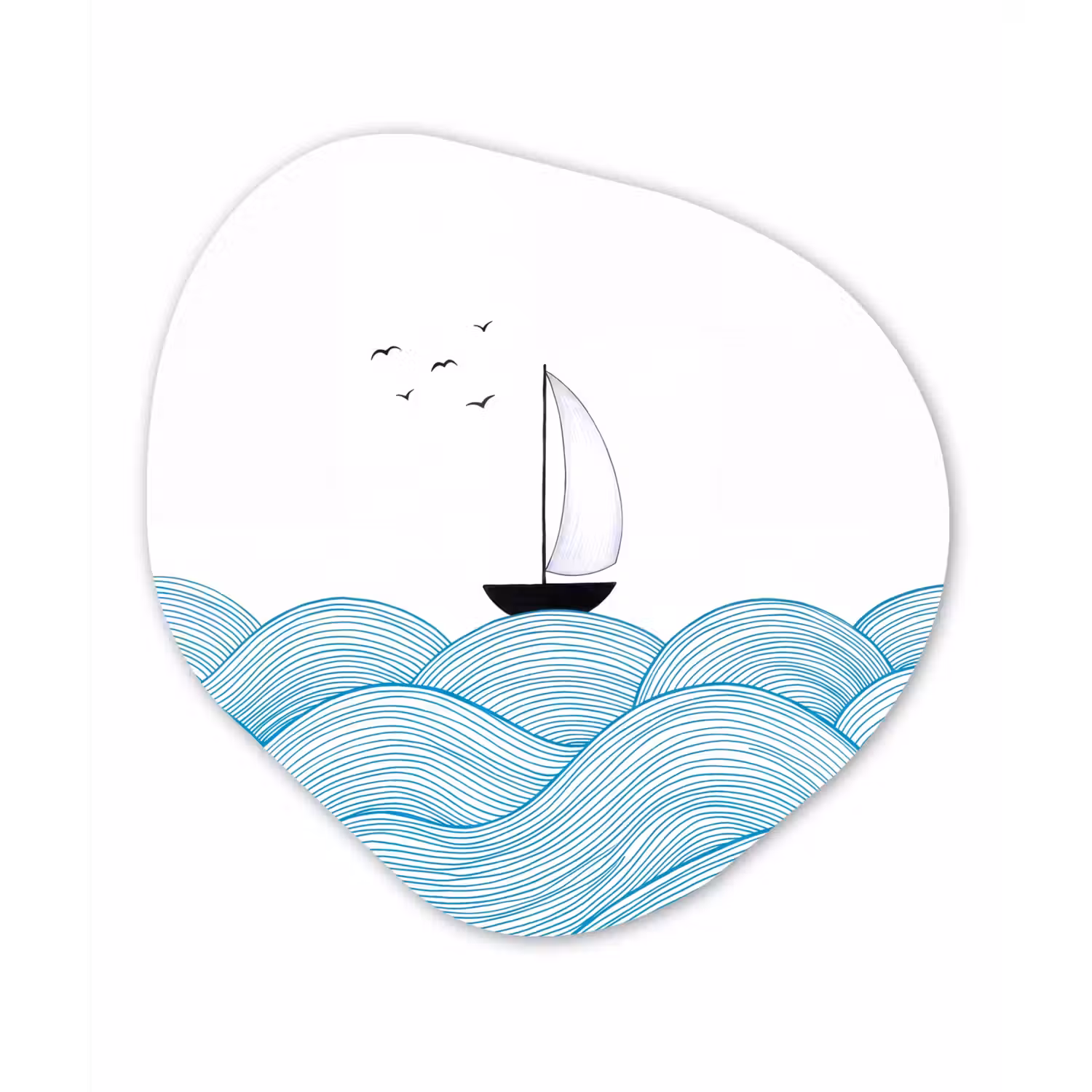 Zeilboot - Golven - Zee - Illustratie - Blauw Wandcirkel Organisch Aluminium middel -3d