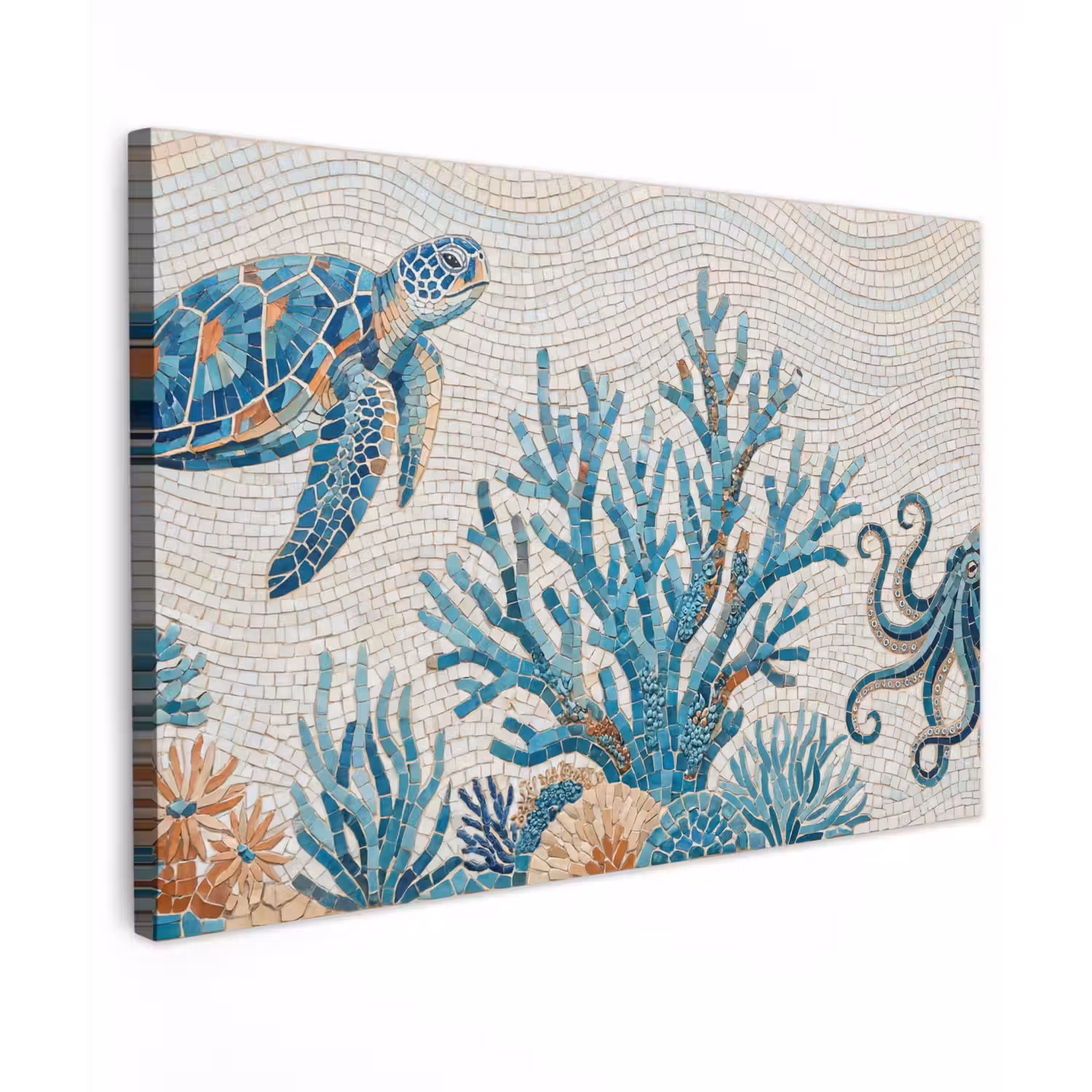 Dieren - Onderwater - Natuur - Mozaïek - Blauw Tuinposter op houten frame 2 cm dik klein -3d