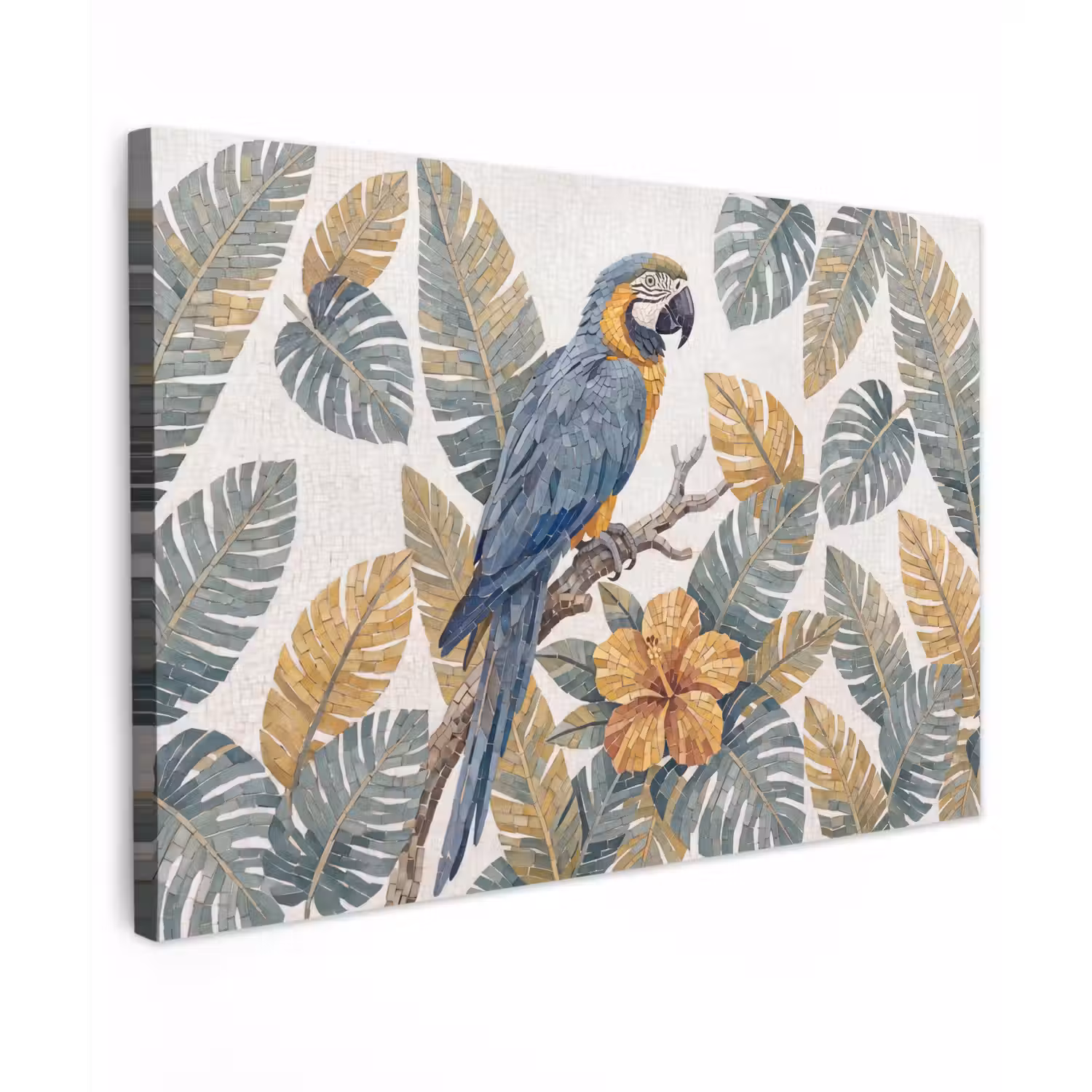 Vogel - Tak - Natuur - Mozaïek - Blauw Tuinposter op houten frame 2 cm dik klein -3d