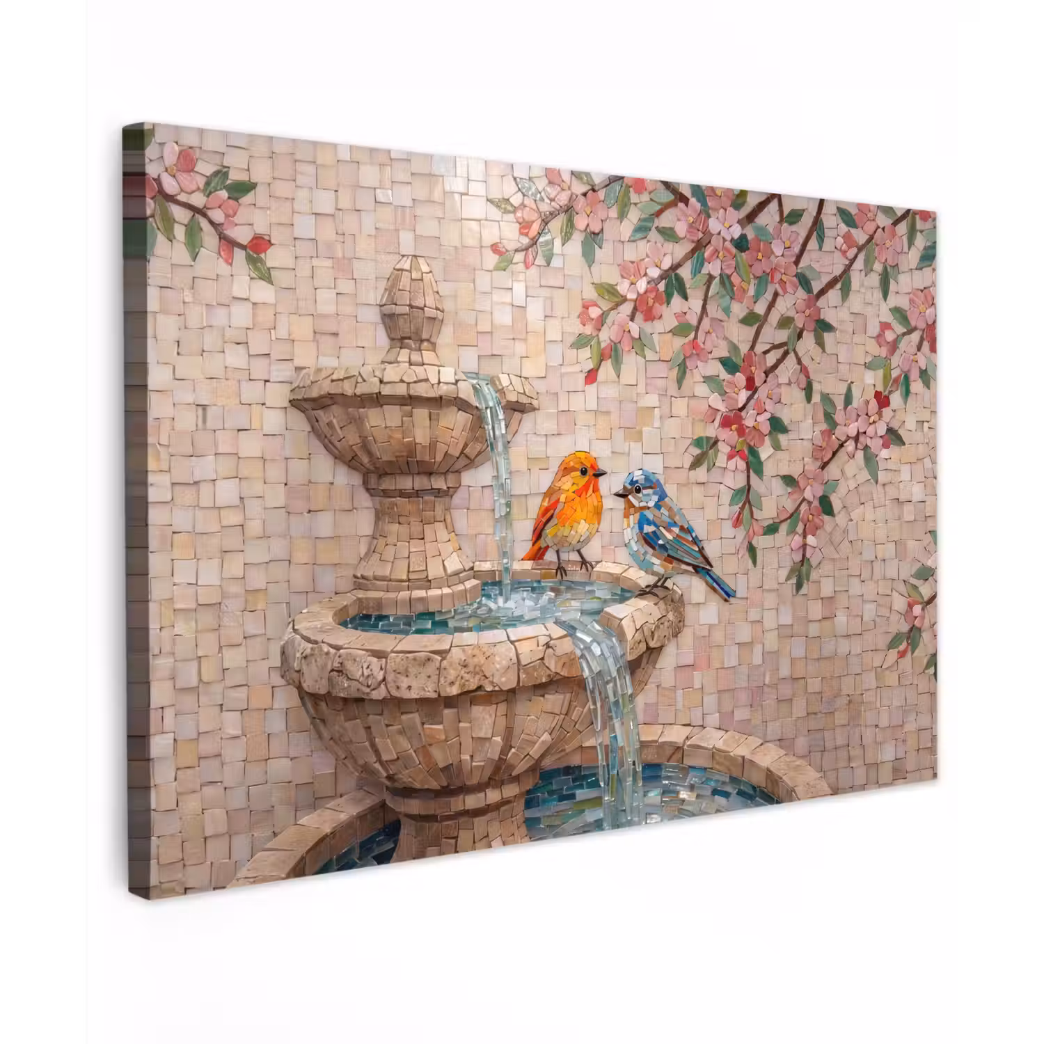Vogel - fontein - mozaiek - kleurrijk - dieren Tuinposter op houten frame 2 cm dik klein -3d