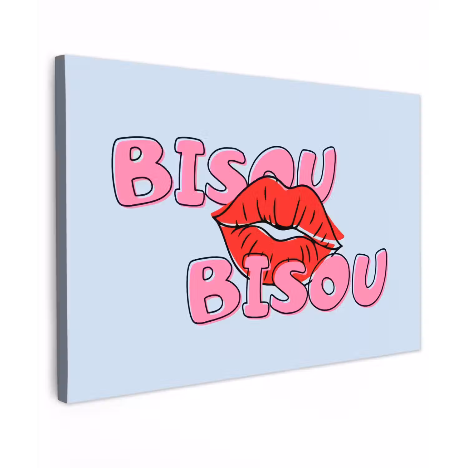 Bisou - Blauw - Roze - Lippen Tuinposter op houten frame 2 cm dik klein -3d