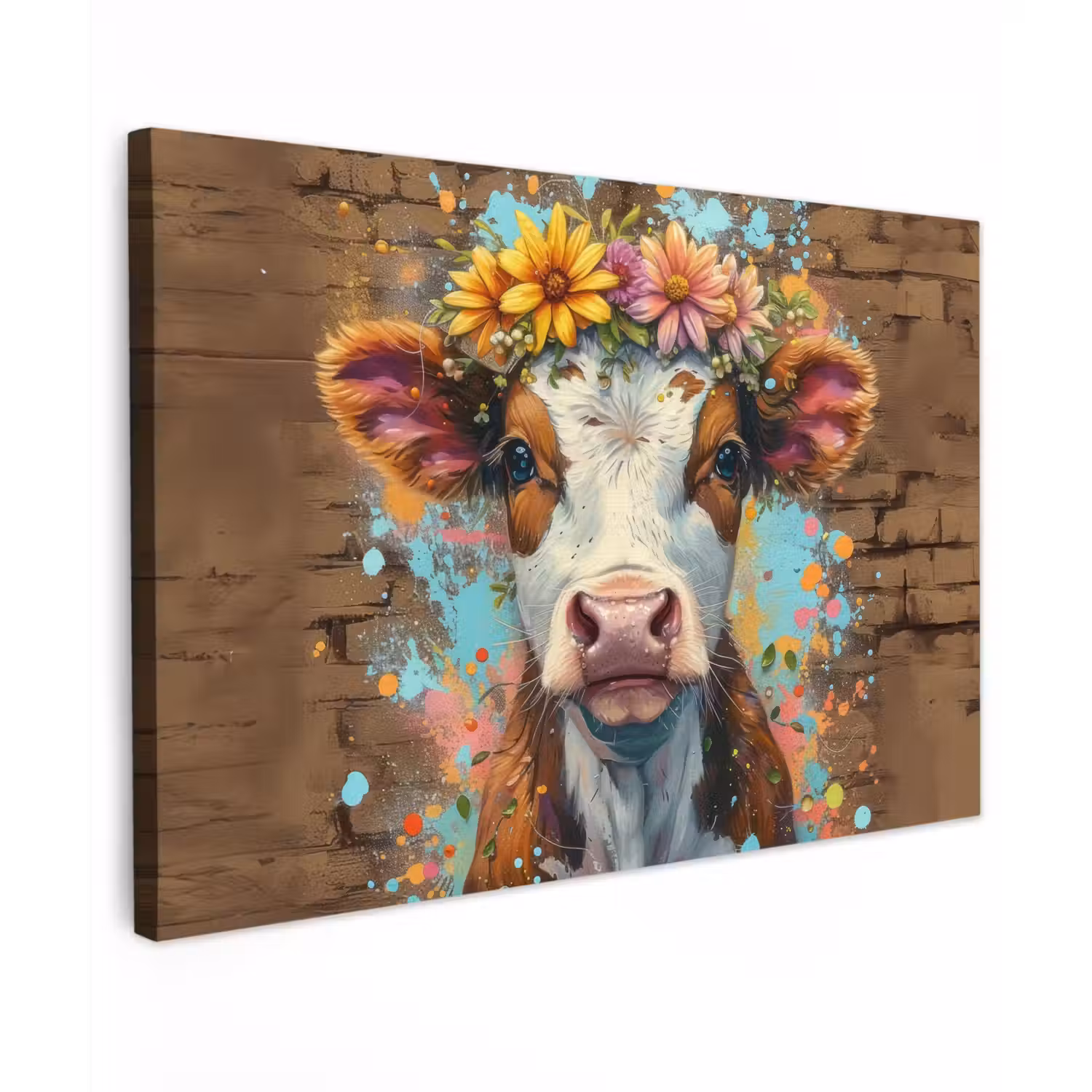 Kalf met Bloemenkroon Tuinposter op houten frame 2 cm dik klein -3d