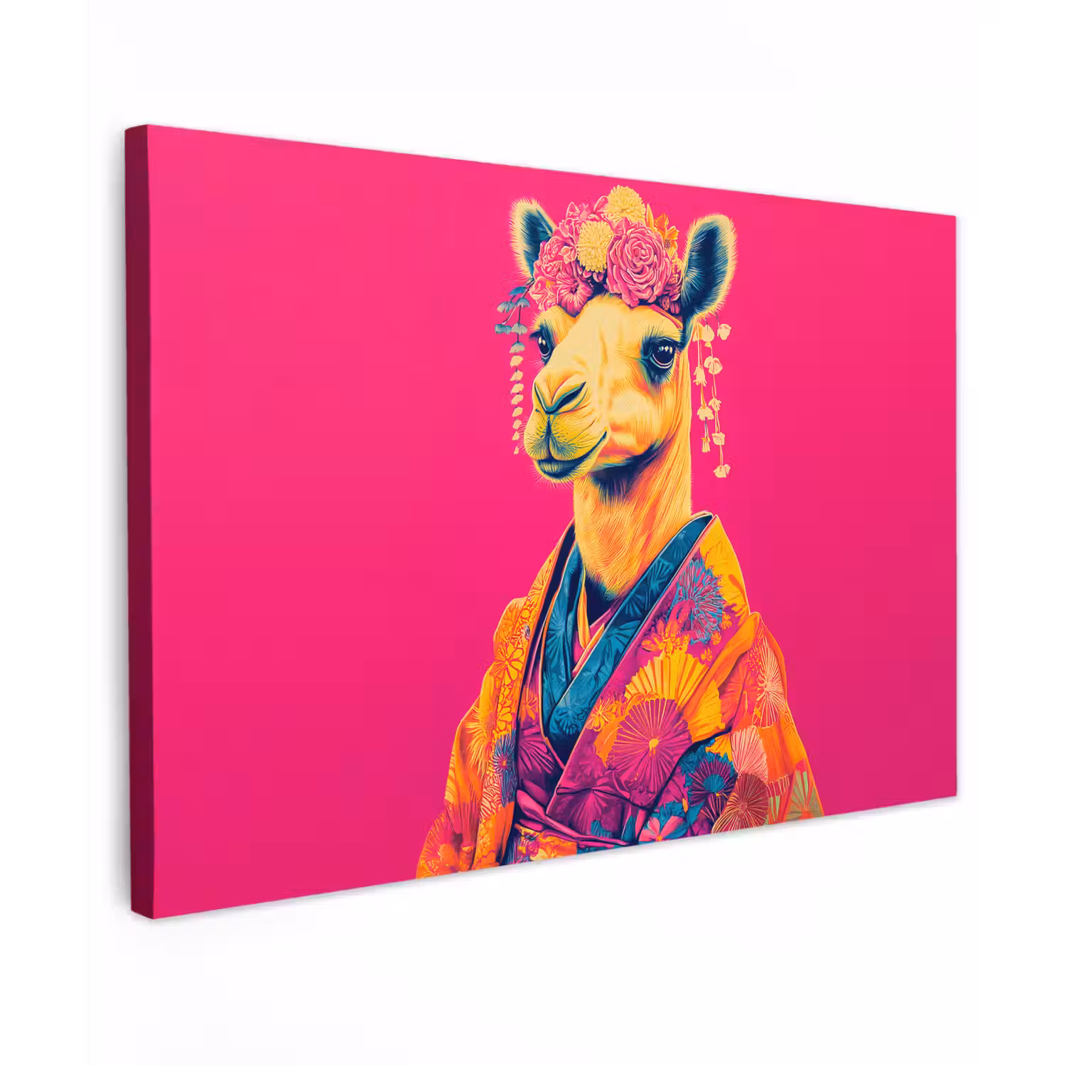 Kameel - Bloemen - Kimono - Waaiers Tuinposter op houten frame 2 cm dik klein -3d