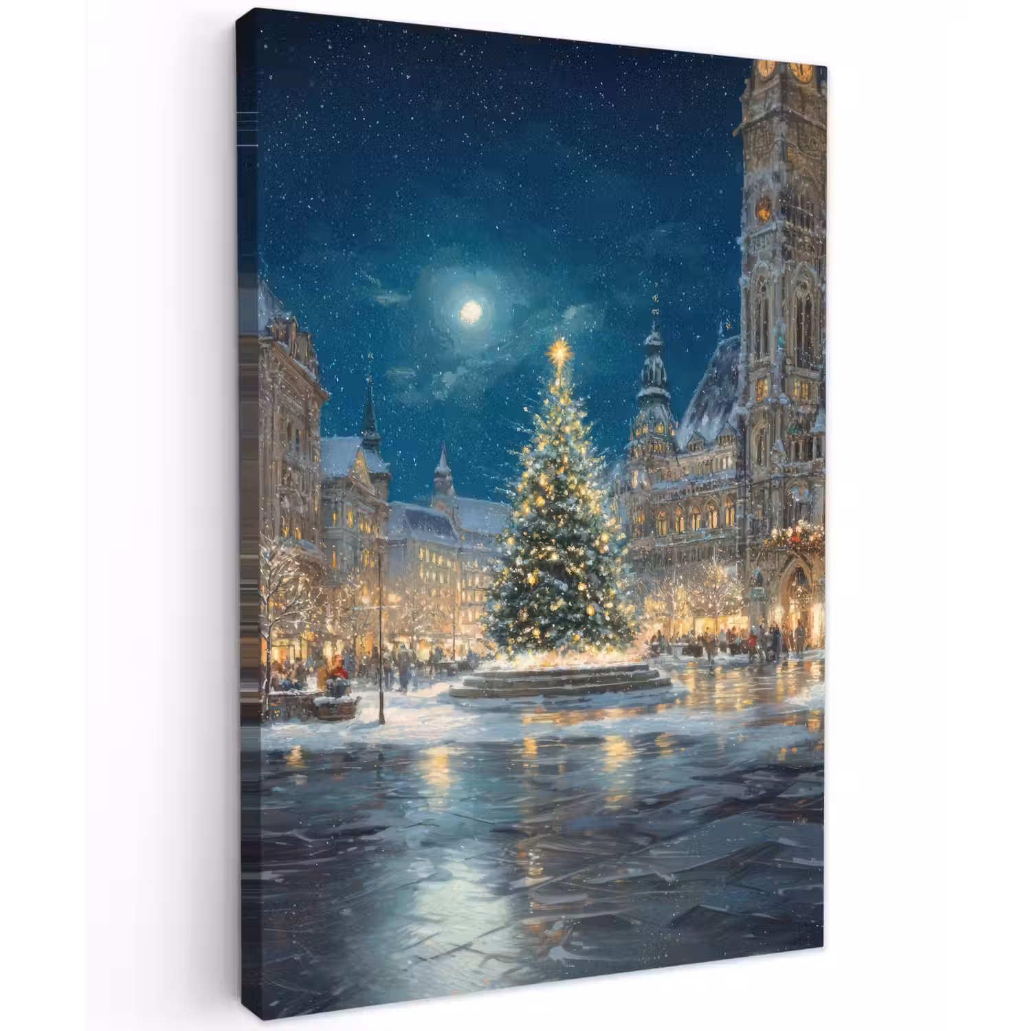 Kerstnacht - Stadsplein - Meerkleurig Tuinposter op houten frame 2 cm dik klein -3d