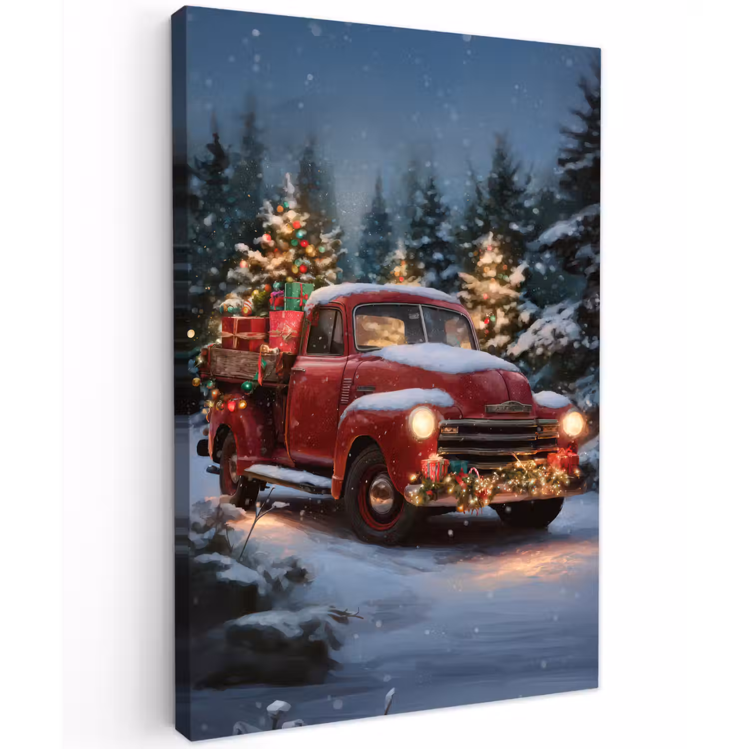 Kersttruck - Sneeuwbos - Rood Tuinposter op houten frame 2 cm dik klein -3d