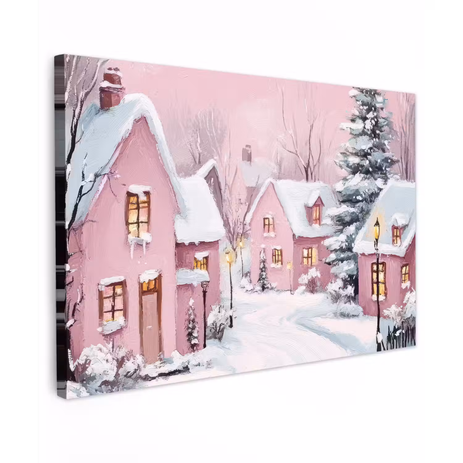 Kerstdorp - Roze - Winter - Sneeuw - Huizen Tuinposter op houten frame 2 cm dik klein -3d