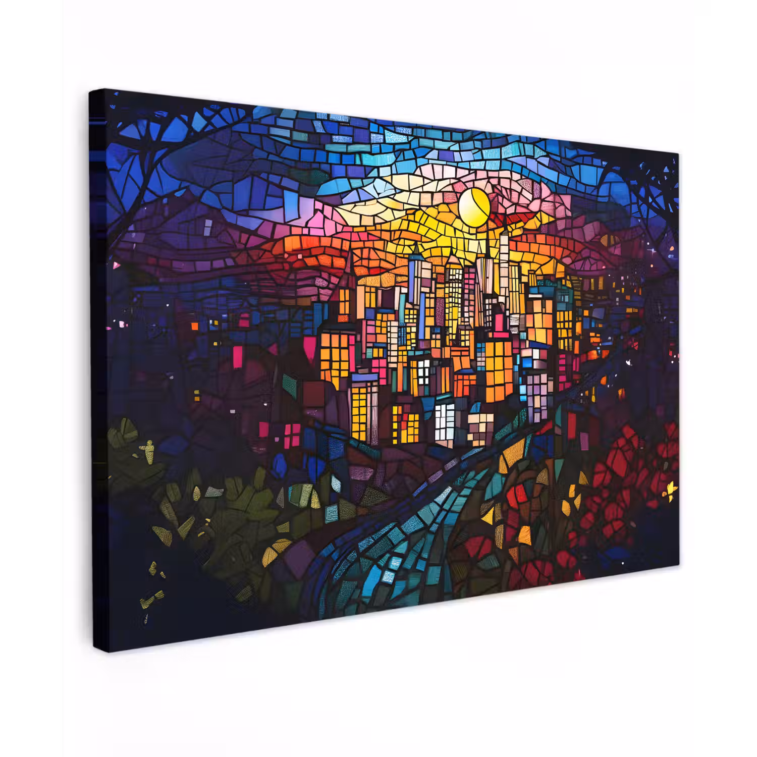 Stad - Maan - Mozaïek - Kleurrijk Tuinposter op houten frame 2 cm dik klein -3d