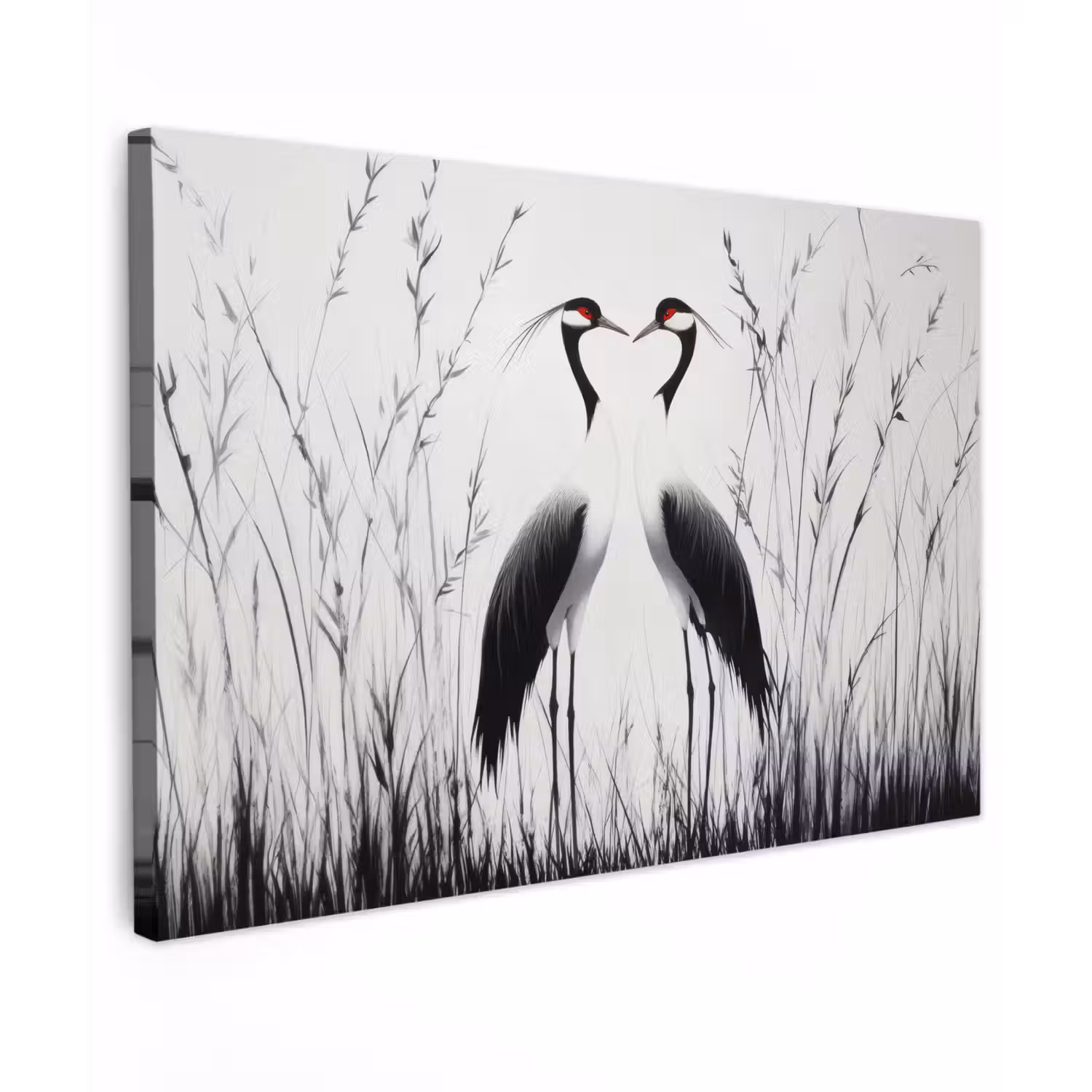 Kraanvogels - Gras - Hartvorm - Zwart Tuinposter op houten frame 2 cm dik klein -3d