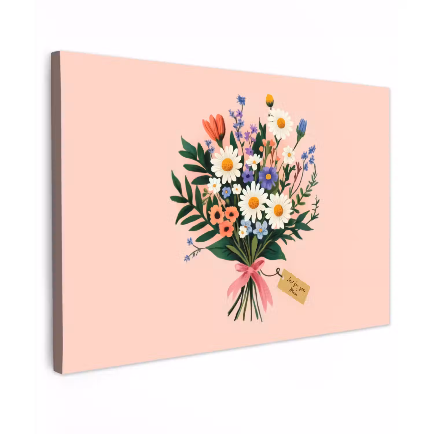 Margrieten - Boeket - Strikje - Roze Tuinposter op houten frame 2 cm dik klein -3d