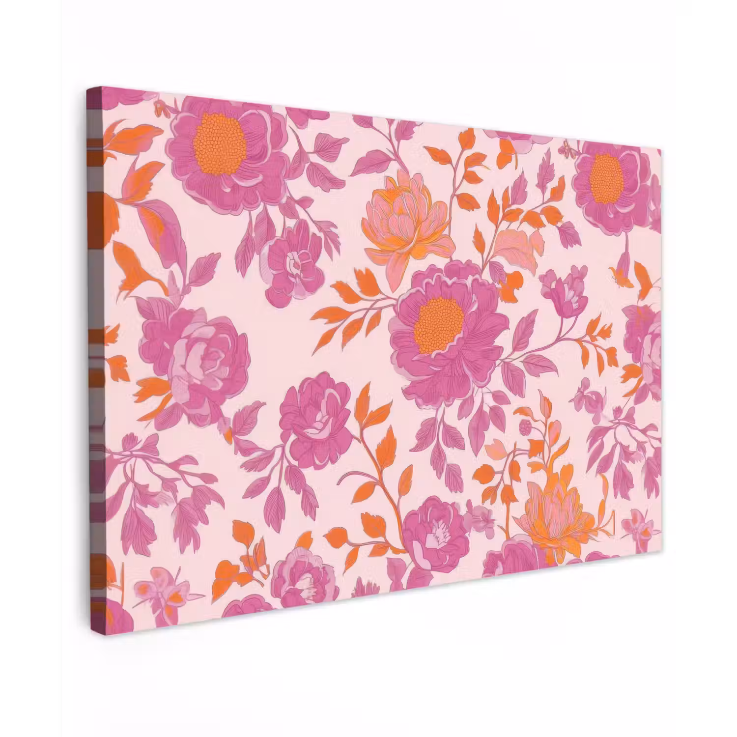 Bloemenpatroon - Roze - Oranje - Bloemen Tuinposter op houten frame 2 cm dik klein -3d