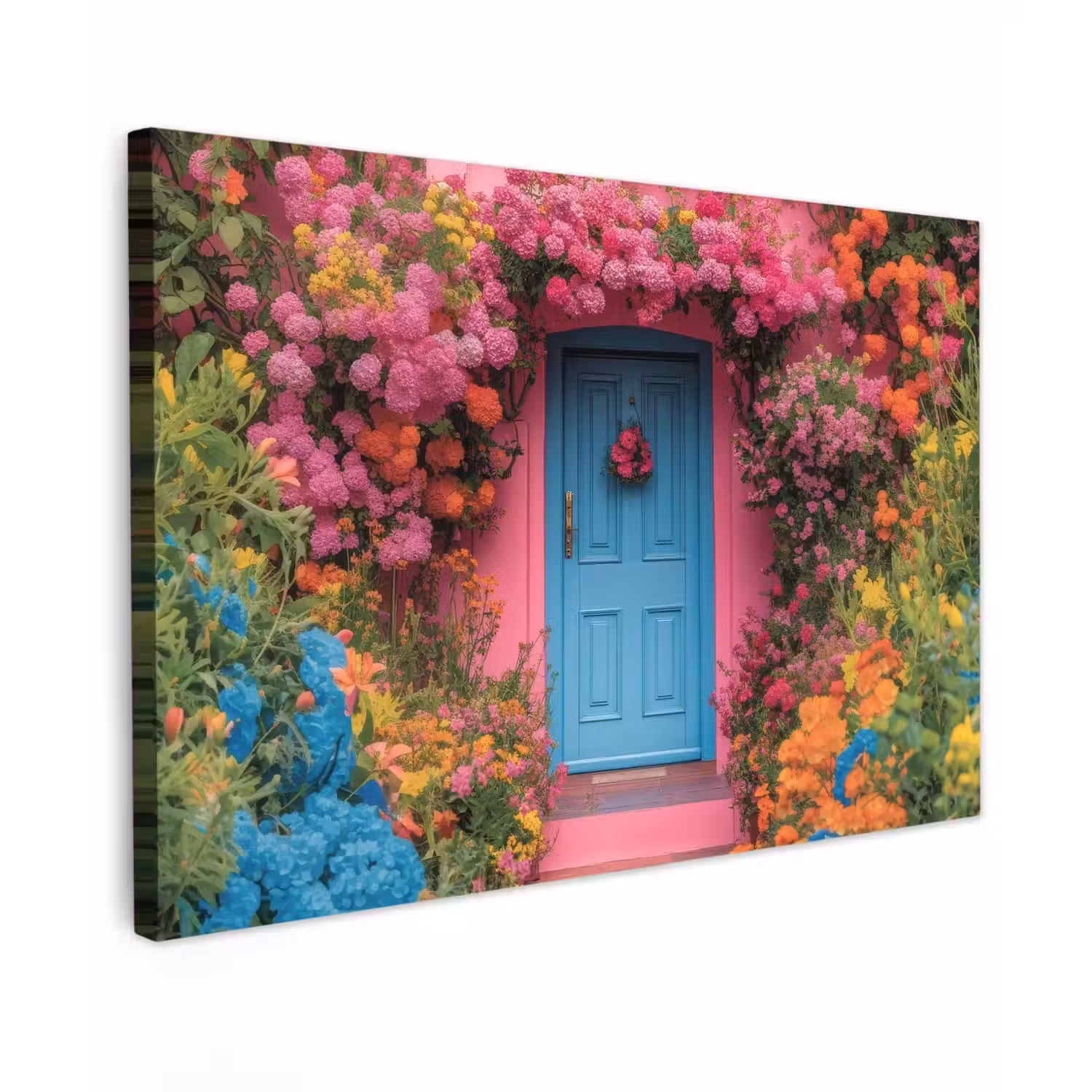 Bloemen - Deur - Roze Tuinposter op houten frame 2 cm dik klein -3d