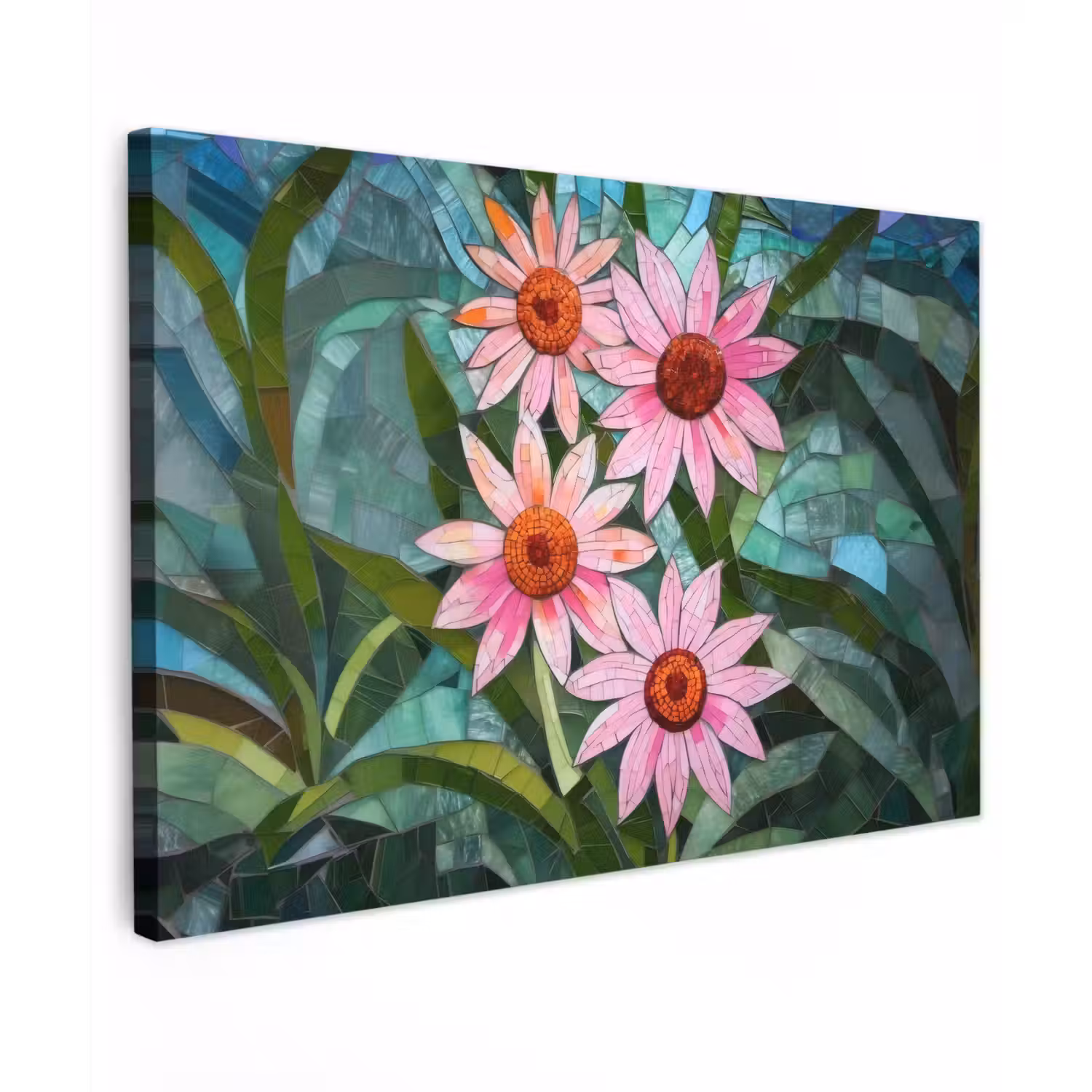 Bloemen - Roze - Glasmozaïek Tuinposter op houten frame 2 cm dik klein -3d