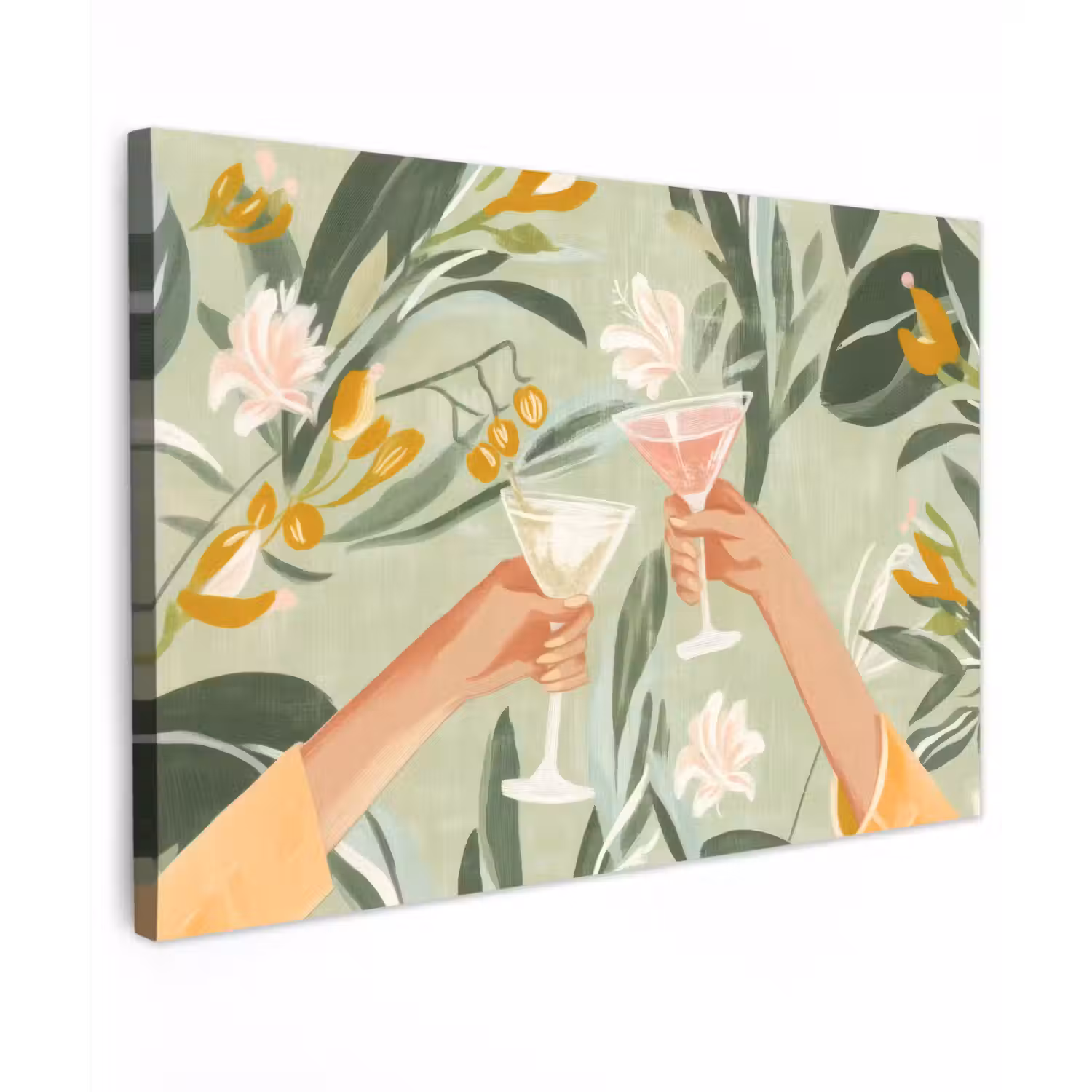 Glazen - Proosten - Bladeren - Groen Tuinposter op houten frame 2 cm dik klein -3d